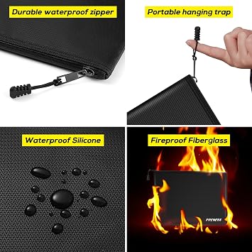 Fireproof Document Bag - 2 Pack 34cm x 25cm and 28cm x 15cm Non-Itchy Fireproof Money Bag, Waterproof Zipper Holder for Valuables, Fire & Water Resistant Safe Pouch for File,Cash,Passport,Keys