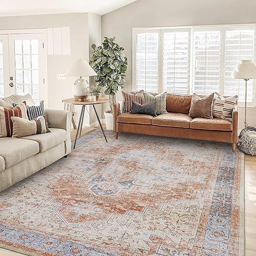 Vista 65 de Alfombra moderna de estilo bohemio para sala de estar, lavable, desgastada, con patrón de medallón de damasco, para sala de estar, hogar, oficina