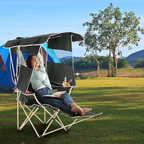 Miniatura 8 de Sillas de camping con sombra, silla deportiva con toldo, silla de camping plegable, con enfriador y portavasos, plegable y ligera para camping,