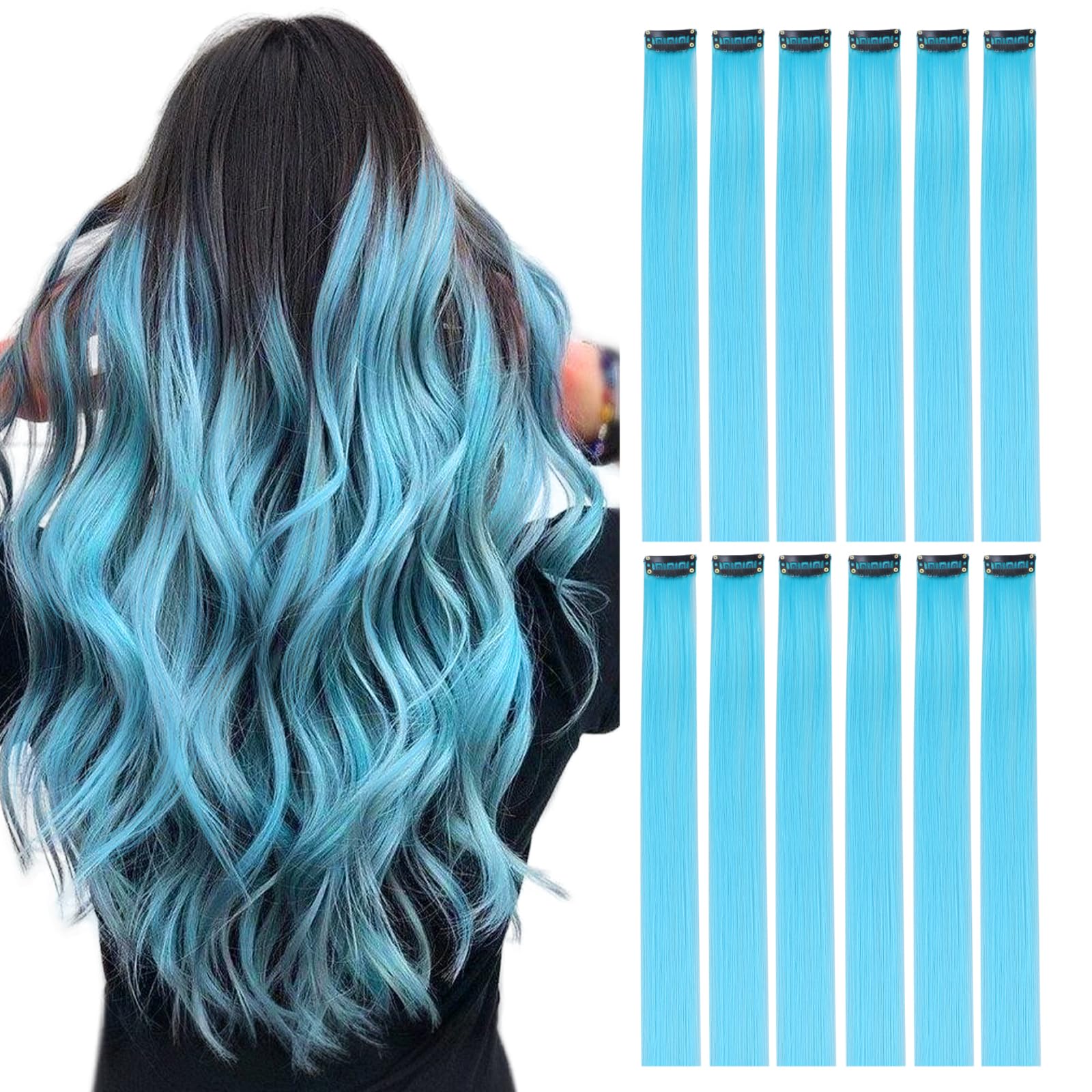 DOORES 22 Inch Clip in Hair Extensions, 12 Pcs Sky Blue Hair Extensions Colored for Women Synthetic Hair Party Highlights Long Straight Hair Clip