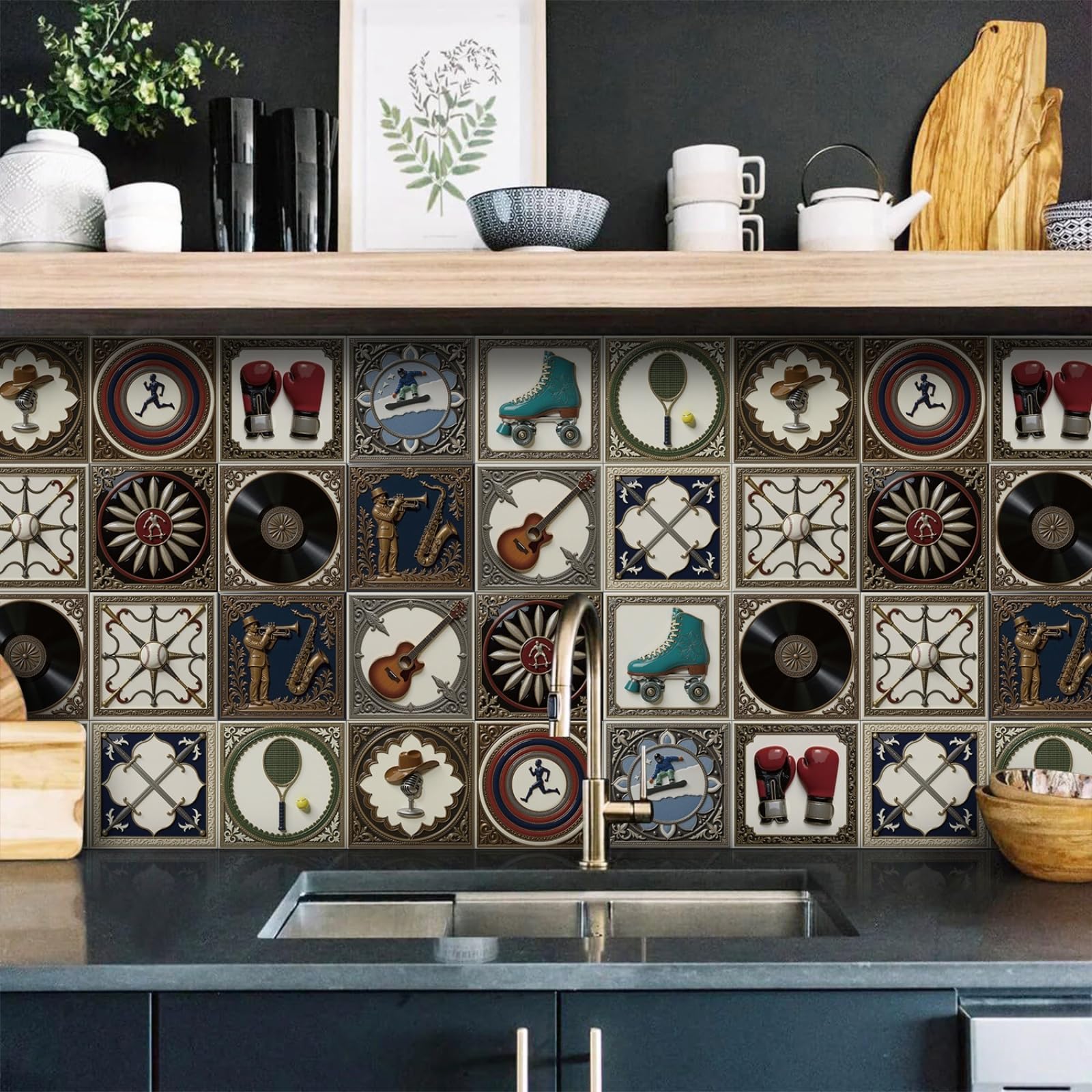 Azulejos Adhesivos Baño 15x15 cm Guitarra Marrón Vinilo Pared Cocina Pelar Y Pegar Impermeable para Muebles Chimenea Gabinete Baldosas Adhesivas Pared Decorativos 24 Piezas