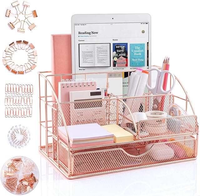 ARCOBIS Desk Drawer Organiser Set, Upgraded Large Desk Tidy Organiser, Office Stationary Organiser with Bonus 72 Clips Set, Rose Gold