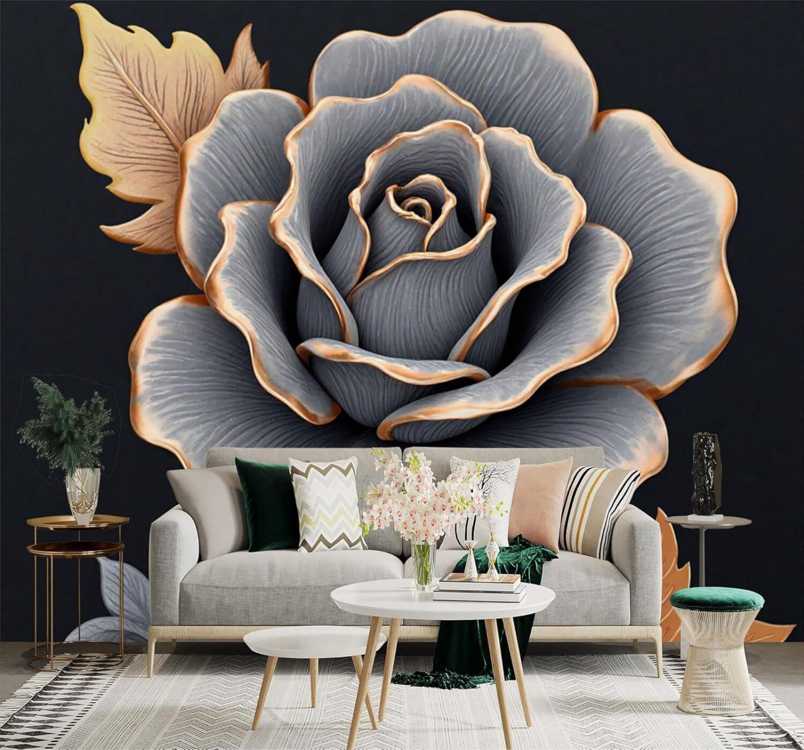 Tzxztt Metallic Grey Rose Gold Trim Gold Leaves Modern 3D Wallpaper Premium Textured Silk Neutral Tones Material Ideal for Living Room Bedroom-250cm×170cm