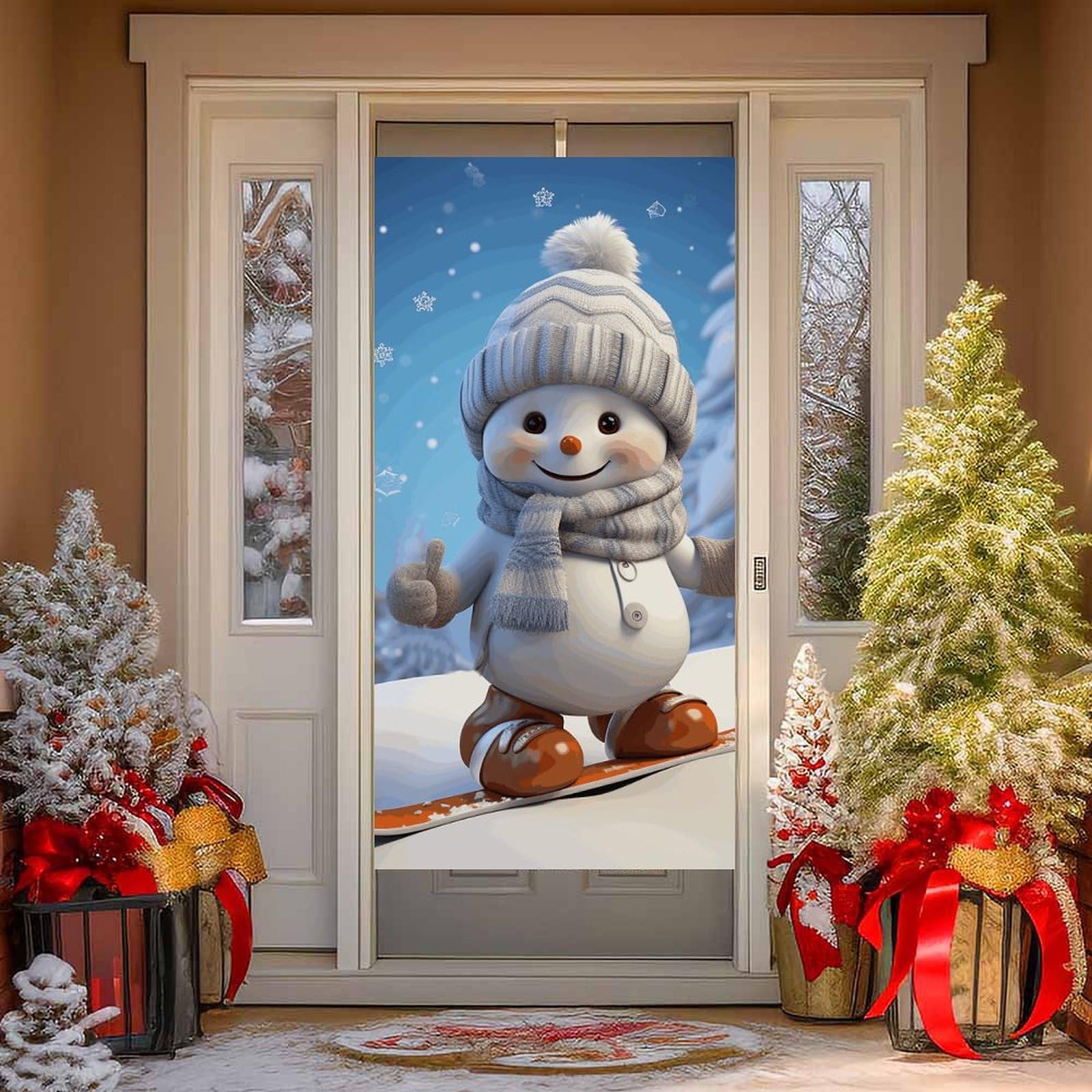 NONHAI Cute Snowboard Snowman Door Cover Decoration Welcome Door Banner Porch Sign Photo Background DoorCurtains for Doorway Privacy Window Curtain Porch Cover Indoor Outdoor Decor 70.9x35.4in