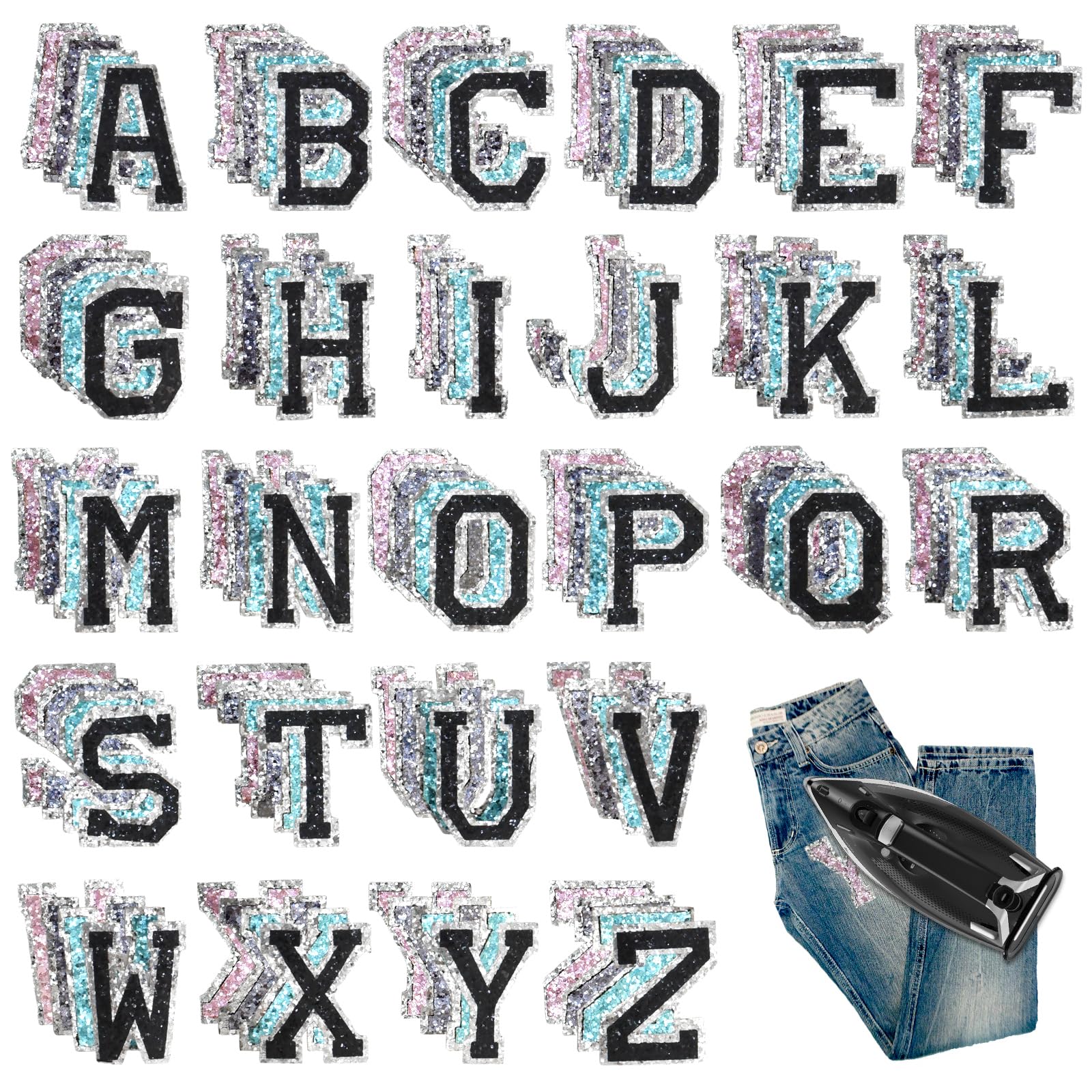 Letras adhesivas de resina brillante con diamantes rosas y azules para ropa