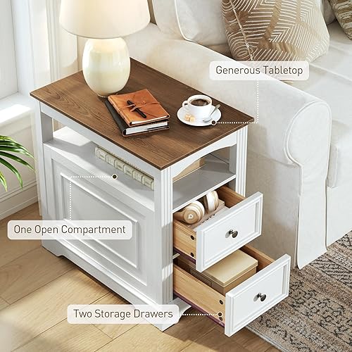 Miniatura 4 de Mesa auxiliar de granja con 2 cajones, mesa auxiliar estrecha para sofá con almacenamiento y estante abierto, mesita de noche de madera para