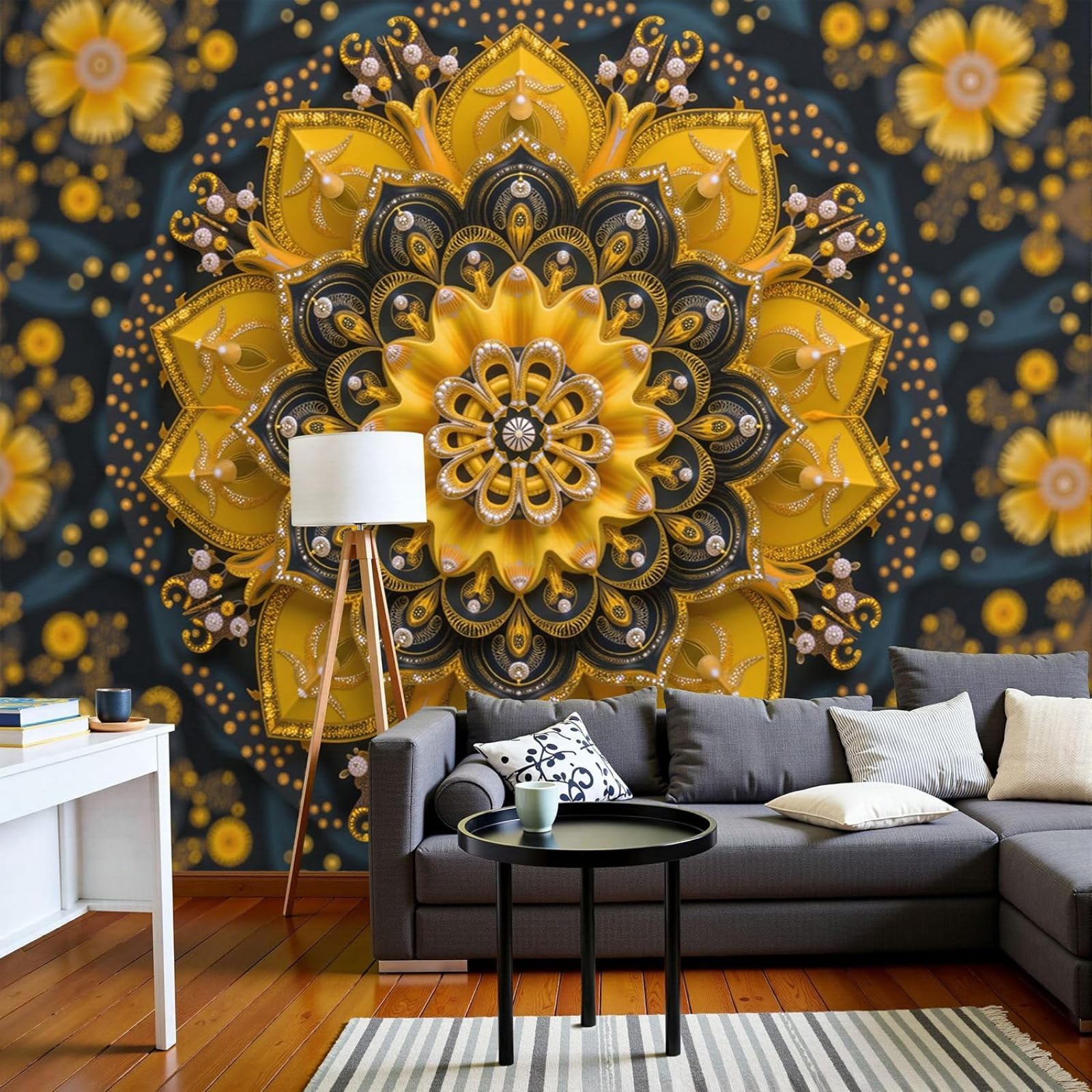 Papier peint mandala jaune pour illuminer votre mur TV de salon