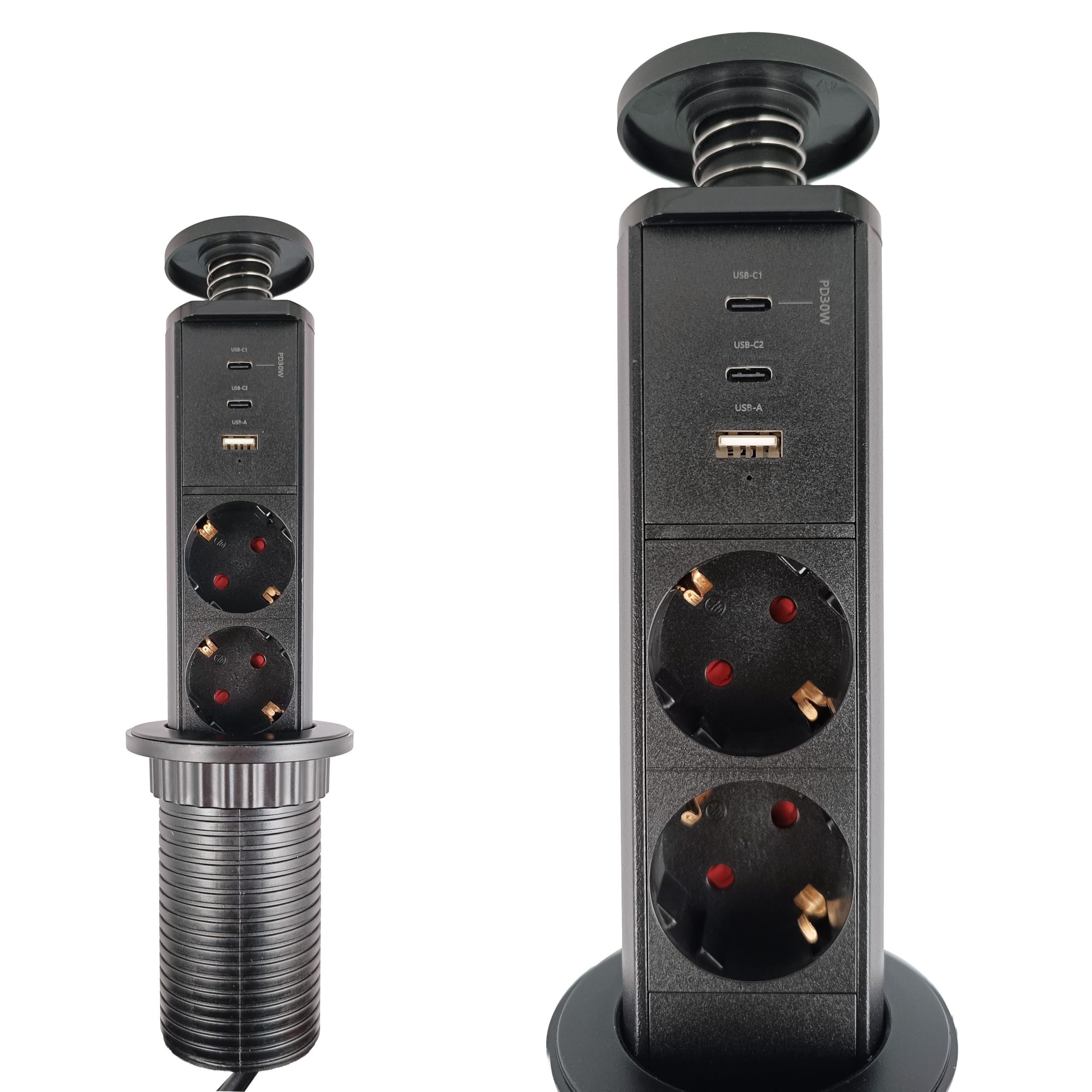 Torre de Enchufes Empotrable 35 cm | 2 Enchufes Tipo C + USB | Negro | Cable 1,8 m | Regleta Empotrable para Mesa, Cocina y Escritorio