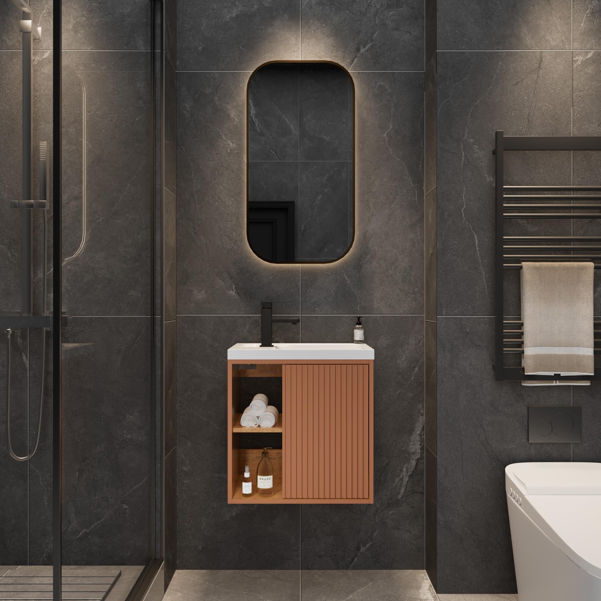 UEV Mobile Bagno con Lavabo in Resina, Mobiletto Bagno Sospeso con Unico Design e Praticità, Motivo a Righe Verticali, 50,5 x 30 x 50 cm, Rosa