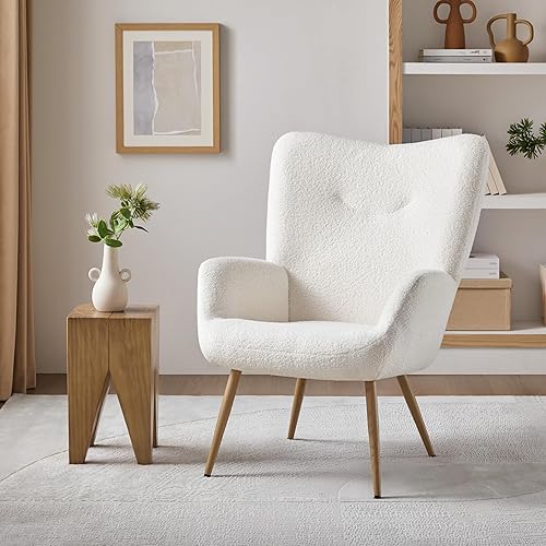 Miniatura 4 de Yaheetech Silla tipo barril, silla casual de tela de peluche con respaldo alto y acolchado suave, moderna silla de tocador mullida, sillón acogedor