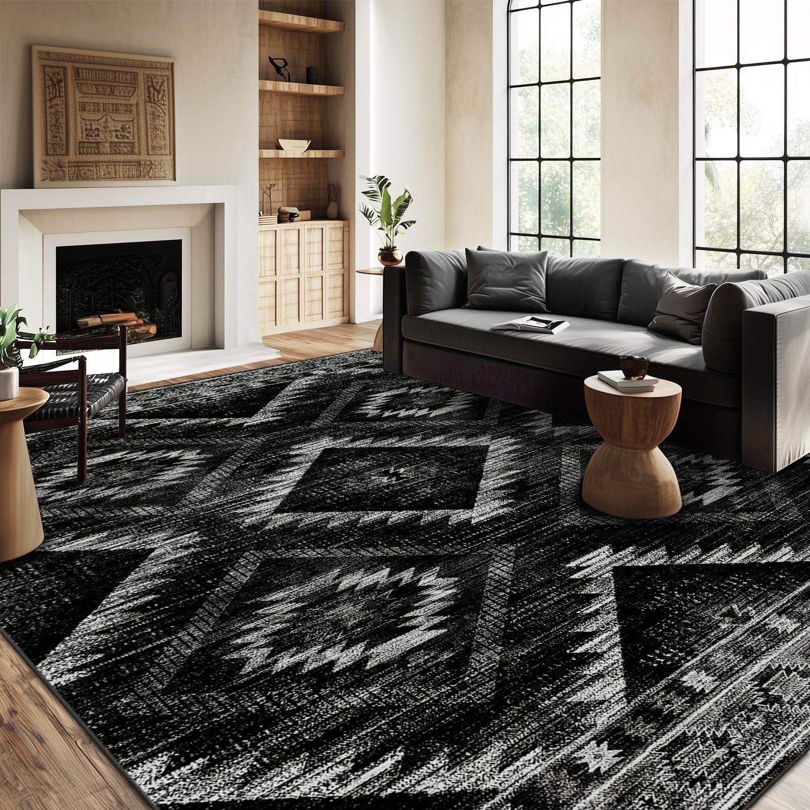 Area Rug 8x10 Rug Machine Washable Non-Slip Low Pile Print Pattern Western Rug for Living Room Bedroom Entryway-Black