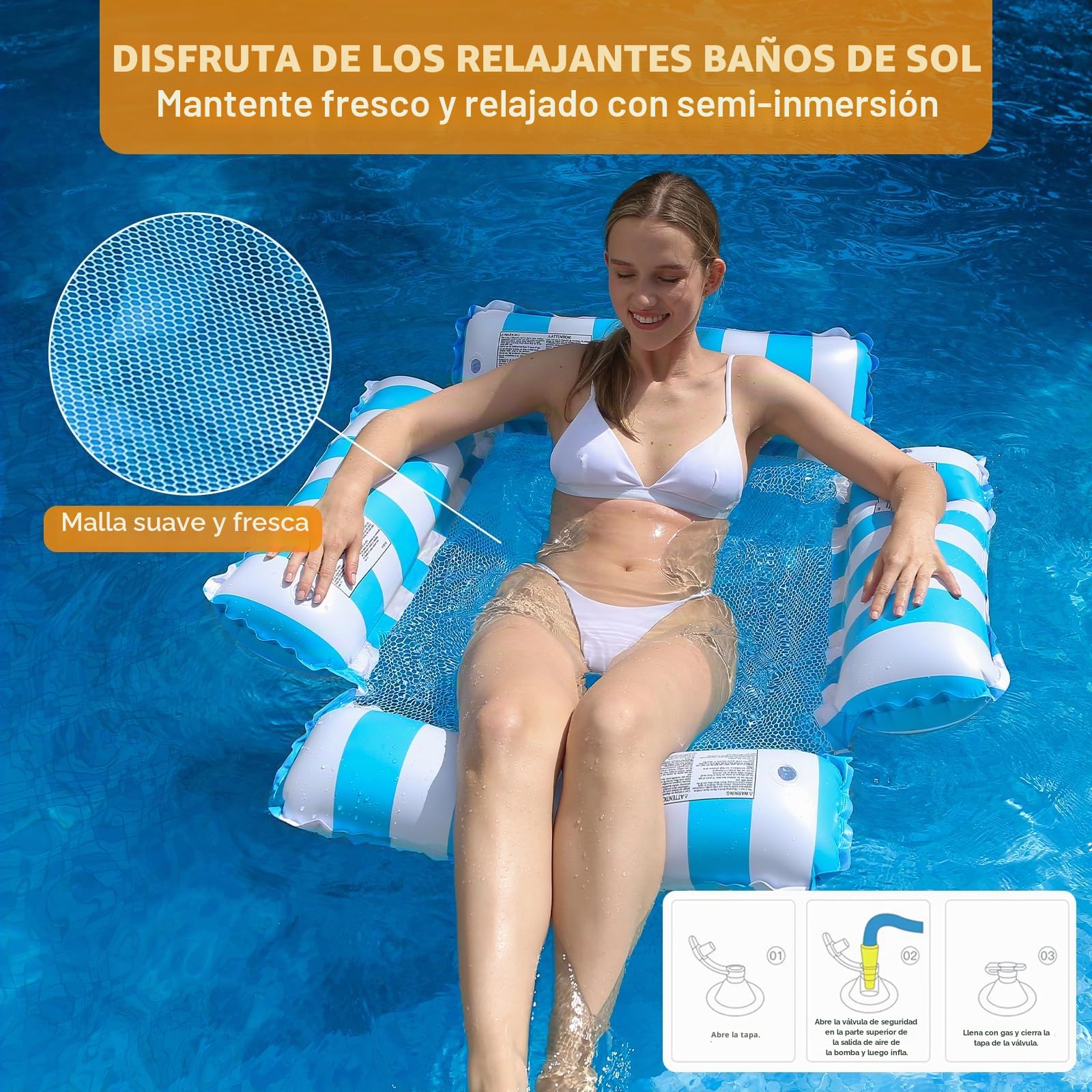 Pack de 3 Hamacas Hinchables Piscina 4 en 1 para Adultos, Flotador Piscina con Red, Colchoneta Hinchable Playa y Piscina, Silla Flotante Relax, para Familia, Amigos, Verano y Vacaciones
