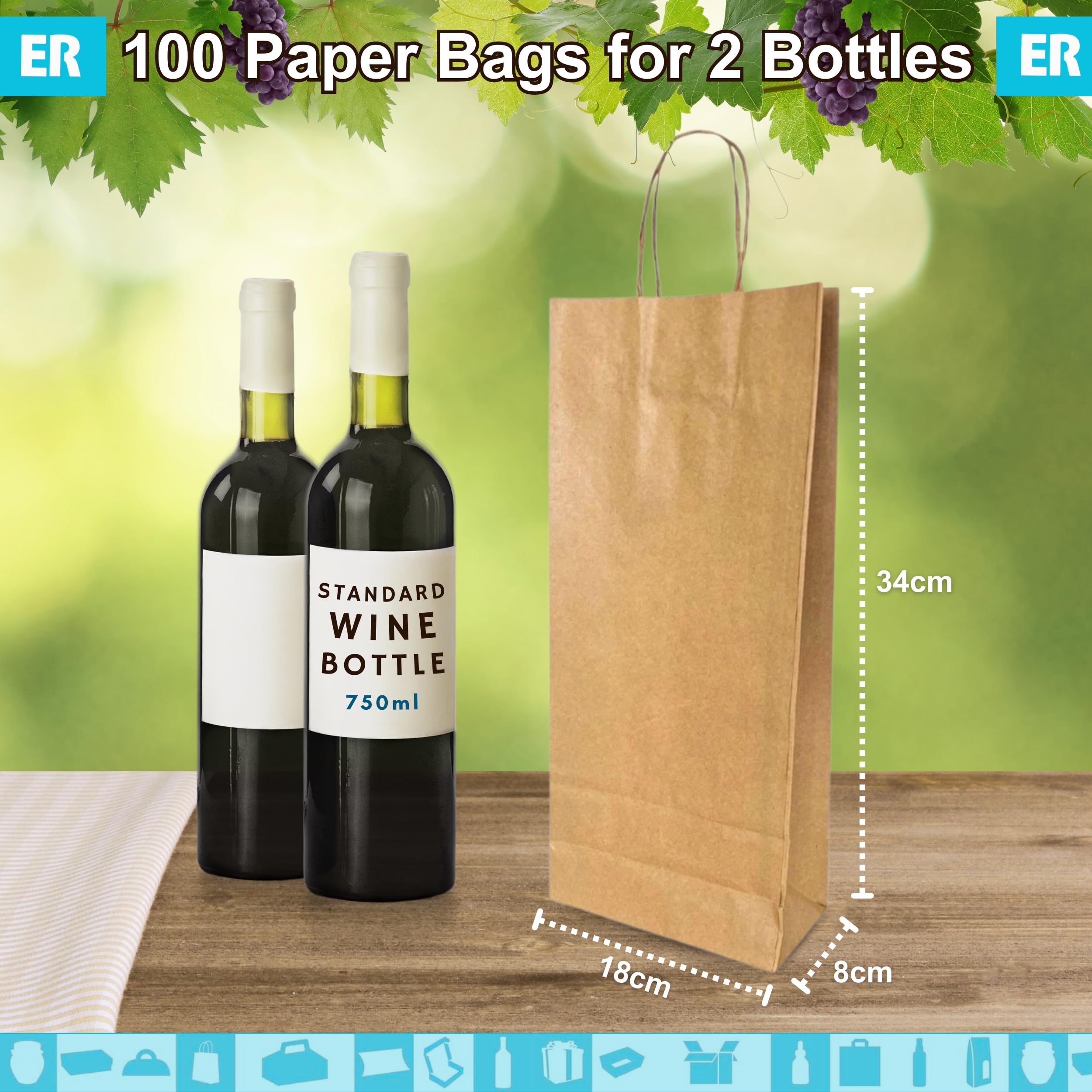 Espirito Rebelde 100 Beutel für 2 Weinflaschen mit Trennwand aus Karton, 18 x 8 x 34 cm | Elegantes Design, sicherer Transport mit verstärkten Griffen | ideal für Weingeschäfte, Weihnachtsgeschenke