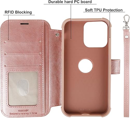 Miniatura 3 de VANAVAGY Funda tipo cartera compatible con iPhone 13 Pro Max para carga inalámbrica Magsafe, funda de piel sintética con tapa para la muñeca,