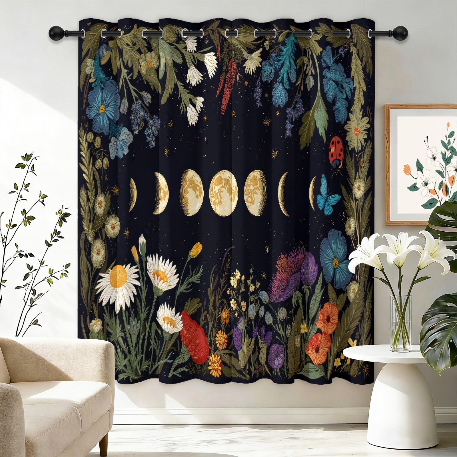 Starry Night Sky & Vibrant Florals 100% Blackout Drapes W 66" x L 90" (2 Panels), Noise Reducing Heavy Thermal Fabric for Meditation Room, Solid Black