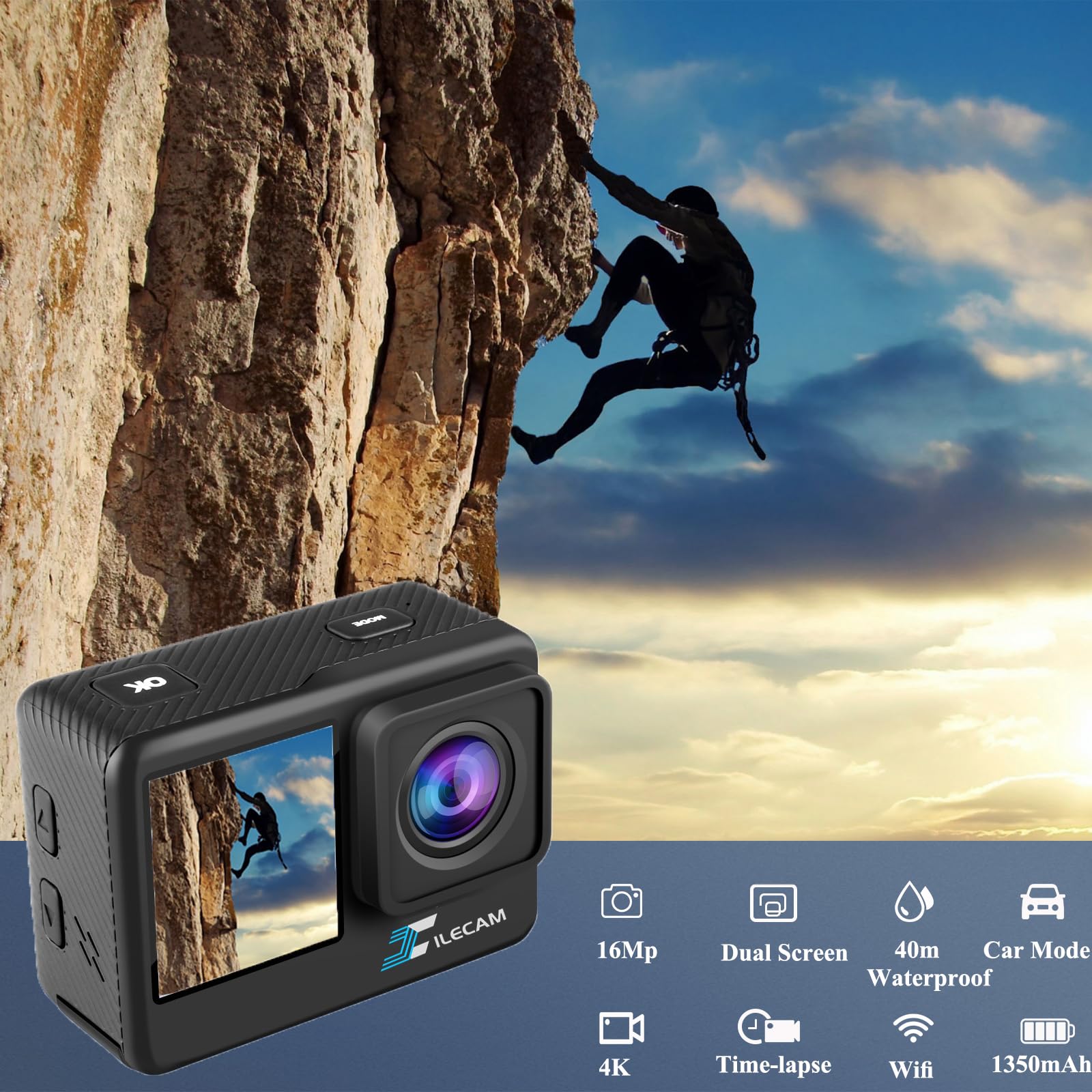 Xilecam Caméra Sport 4K WiFi Double écran Zoom étanche 131FT avec 2 Batteries 1350mAh