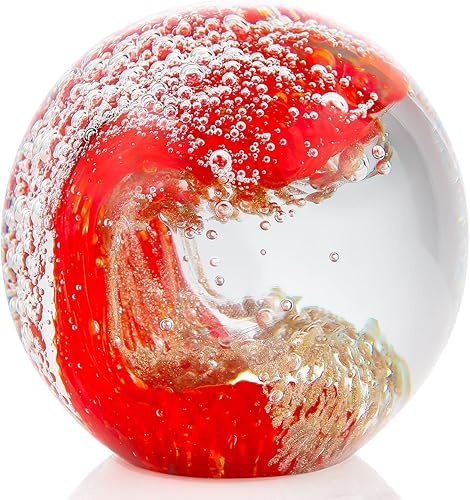 YWHL Bola de vidrio soplado a mano con olas oceánicas, pisapapeles coleccionable de cristal para amantes del océano, figuras de vidrio decorativas
