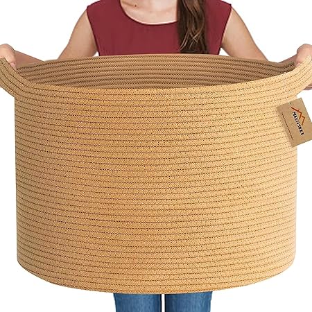 MEGASKET Large Jute Storage Basket, 22" X 22" X 14" Giant Blanket Basket Living Room, Soft Cotton Rope Basket With Handle, Throw Blanket Storage, Stuffed Animal Toy Basket Organizer Bins, Woven Basket