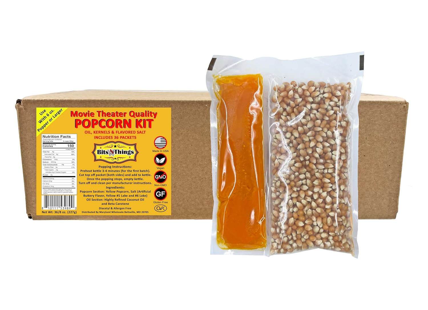 Home Theater All in One Popcorn Kit For 6 oz. Popper | Portion Packets with Kernels, Oil and Flavored Salt | By Bits N Things | Pack of 36