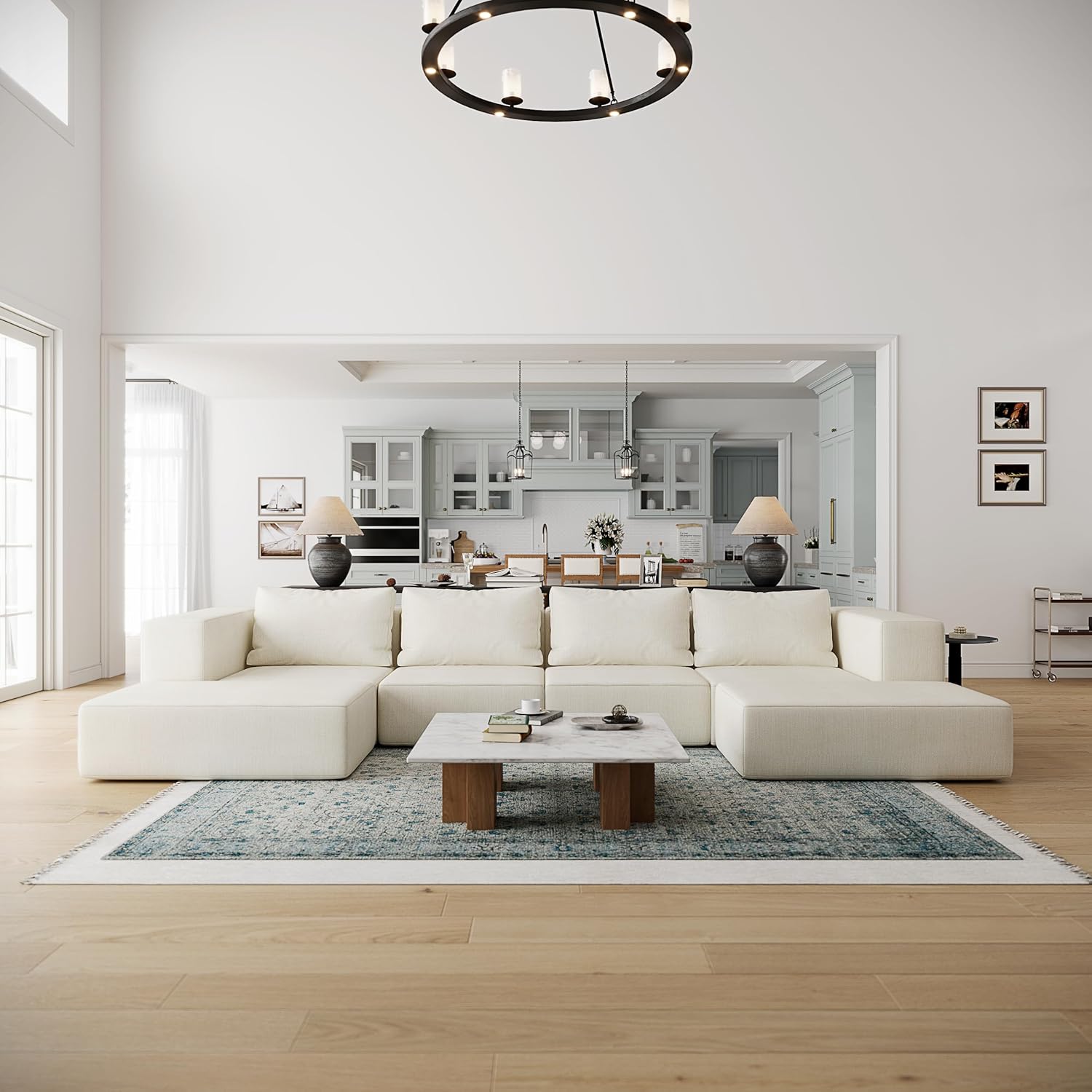 Acanva Oversized Modular Sectional Sofa with Removable Washable Slipcovers, Modern Low Profile Deep Seat Couch for Living Room, Linen-Like-Cream, 4 Armless Chairs & 4 Armrests/Ottomans