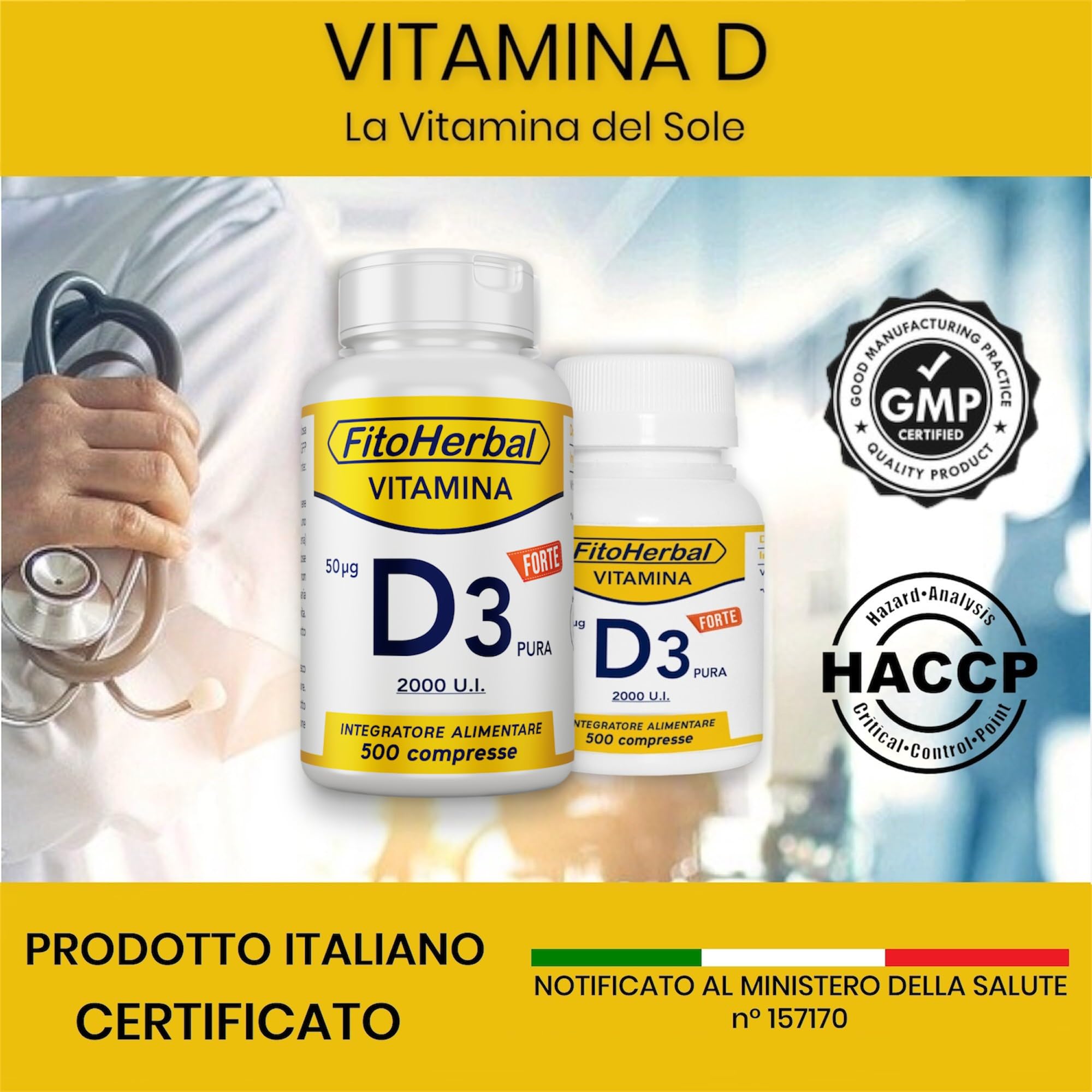 FitoHerbal Vitamina D 2000 UI ALTO DOSAGGIO 500 Compresse, Integratore Vitamina d3 2000 UI Supporto per Ossa Denti Muscoli, Integratori Sistema Immunitario Formato Famiglia, Made in Italy