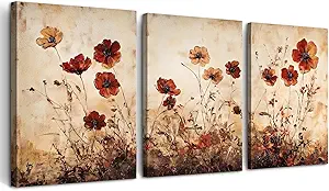 DZRWUBHS Boho Wall Decor For Living Room Canvas Wall Art For Bedroom Office Decorations Bathroom Wall Pictures Flowers Watercolour Paintings Modern Aesthetic Home Decor Artwork 3 Piece Ready To Hang