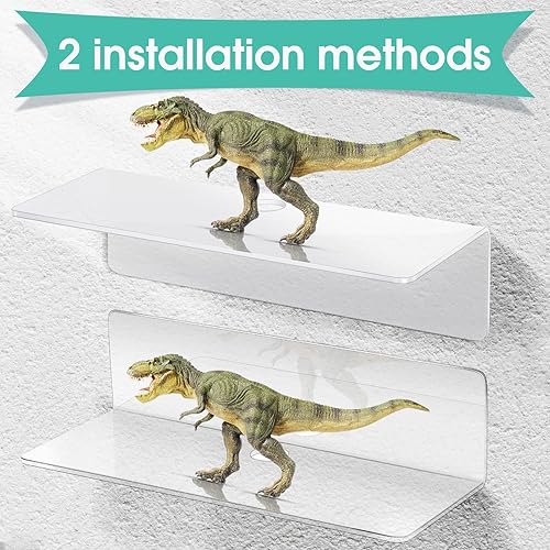 Miniatura 4 de Maitys 8 estantes flotantes acrílicos de 9 pulgadas, estantes adhesivos montados en la pared, sin taladro, exhibición de pared de acrílico para sala