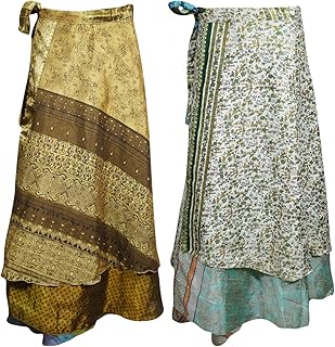 Mogul Interior Women's Magic Beach Wrap Skirt Silk Sari Reversible Bohemian Cruise Dress One Size Green,White
