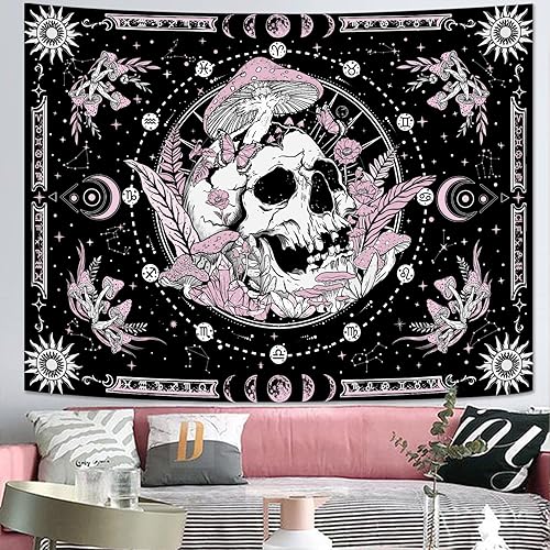 Miniatura 4 de Aipon Tapiz de calavera rosa, esqueleto, hongo, flores florales, hippie, plantas naturales, tapiz estético para colgar en la pared para sala de
