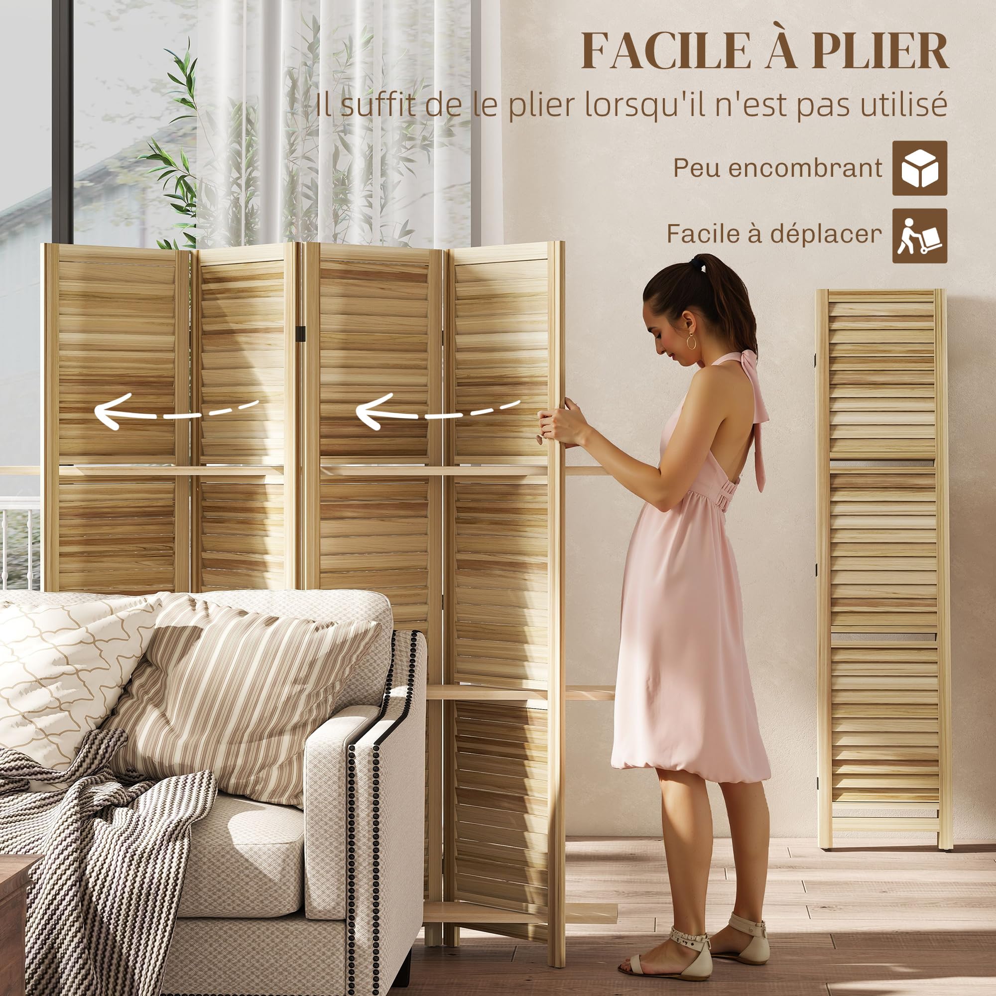 HOMCOM Paravent Intérieur en Bois 4 Panneaux 160 x 170 cm Bois Naturel | Séparateur de Pièce Pliable avec 3 Étagères, Cloison de Séparation, Salon, Chambre à Coucher, Maison