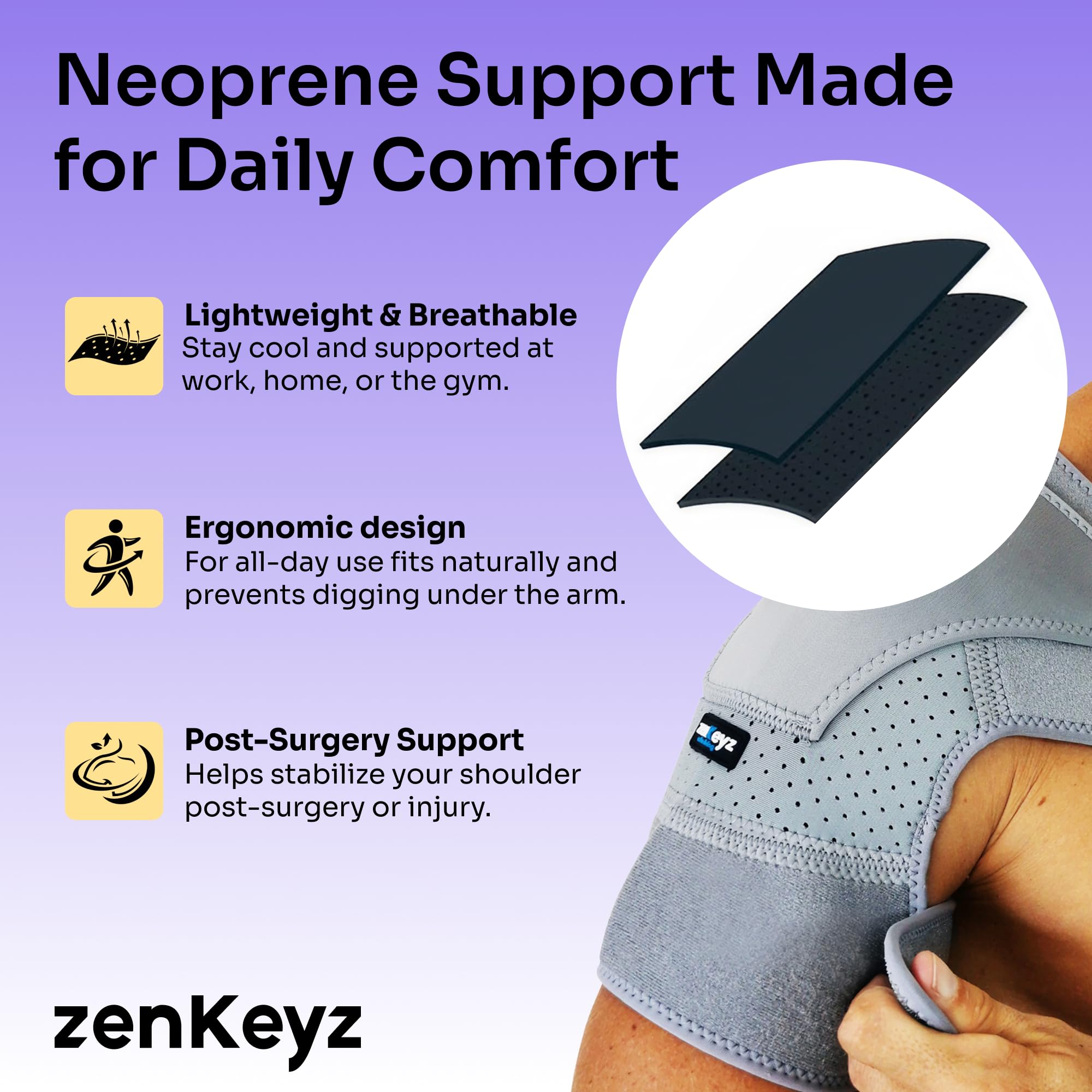 ZENKEYZ Soporte de hombro para hombres y mujeres, inmovilizador de hombro para puño rotador rasgado, tendinitis, luxación, dolor, manga de compresión de hombro de neopreno (gris, L/XL)