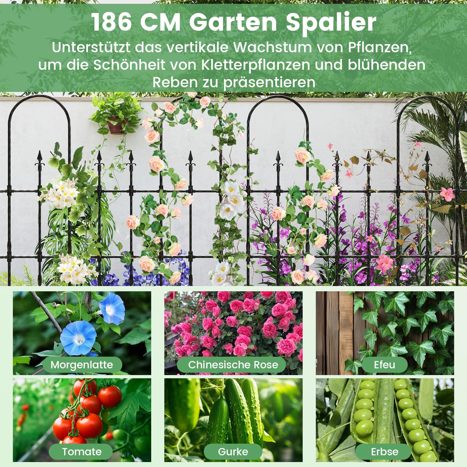 COSTWAY Rankgitter Metall, 146 x 186 cm, Rankhilfe für Kletterpflanzen, U-förmiges Spalier zum Stecken, Gartenspalier für Tomaten Blumen Rosen, rostfrei für Garten Outdoor, Schwarz (1 Pack)