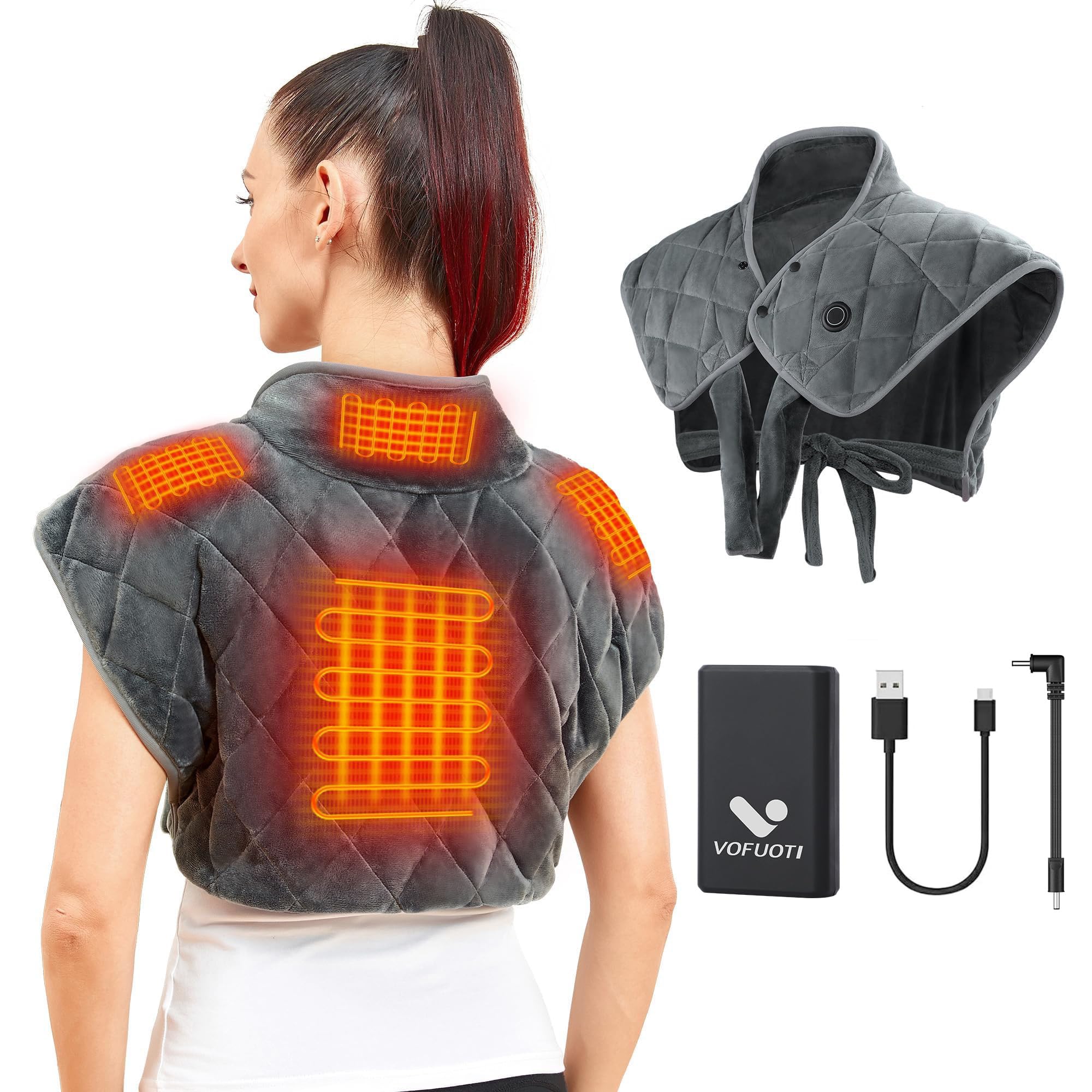 Vofuoti Portable Heating Pad for Neck and Shoulders, Cordless Heating Pad with Battery and 3 Heat Settings, Weighted Electric Heated Neck Shoulder Wrap for Pain Relief, 16'' x 22'', 2.2lbs