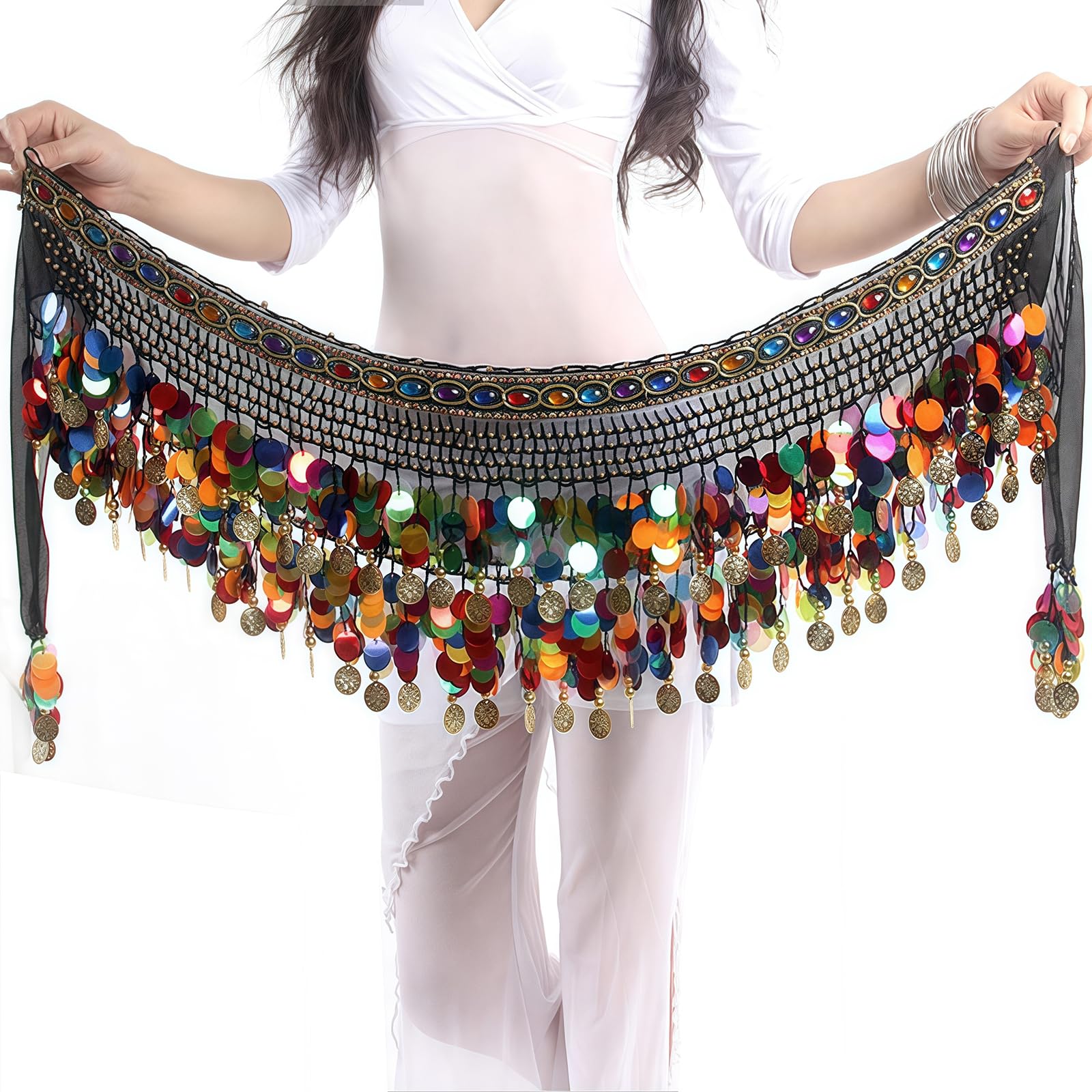 Women's Belly Dance Hip Scarf, Belly Dancing Skirt Wrap with Bling Sequins Coins Belly Dance Costume