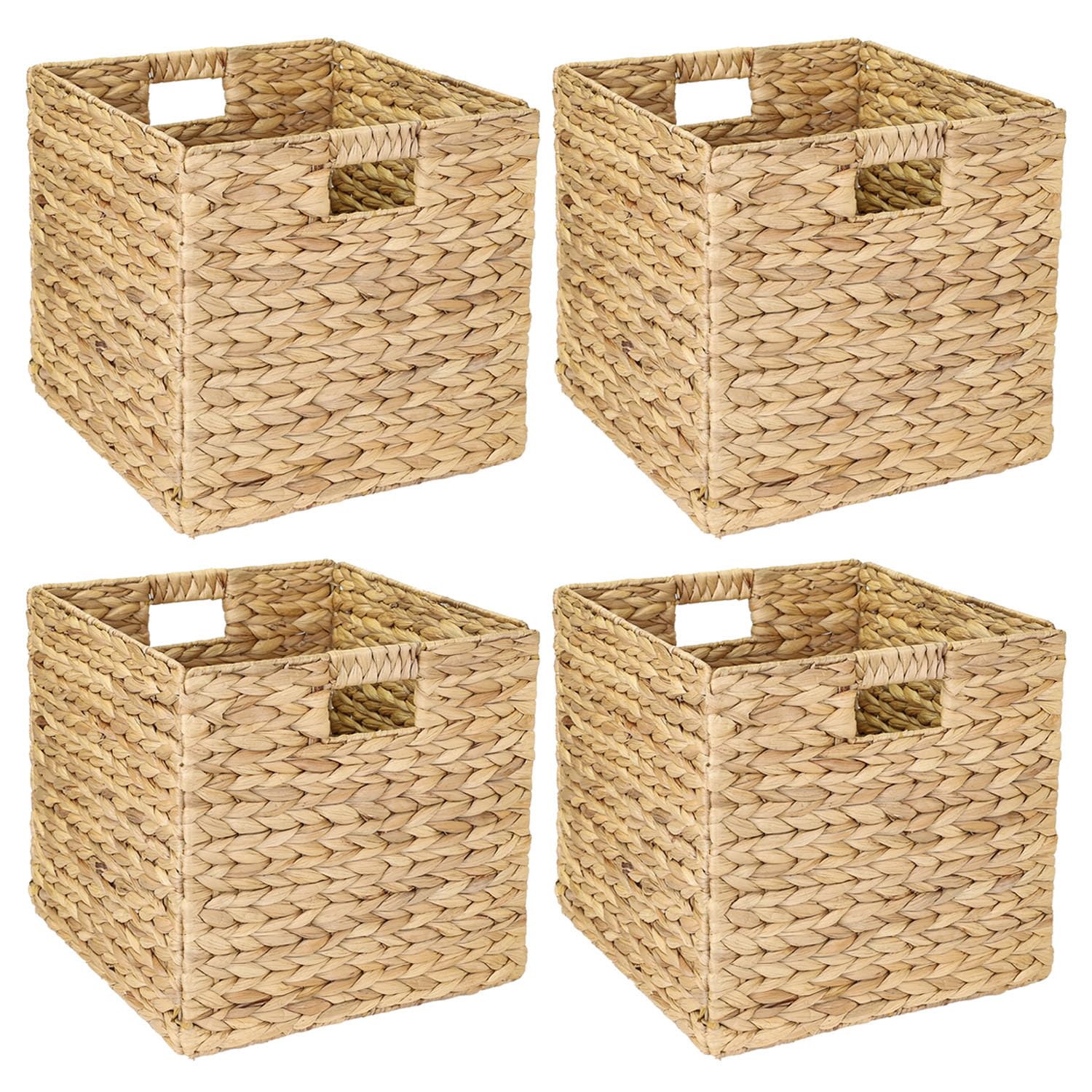 HMF Storage Basket Suitable for KALLAX Shelving Unit, Woven Water Hyacinth Basket with Handles | Set of 4 | 32 x 34,5 x 32 cm | Nature