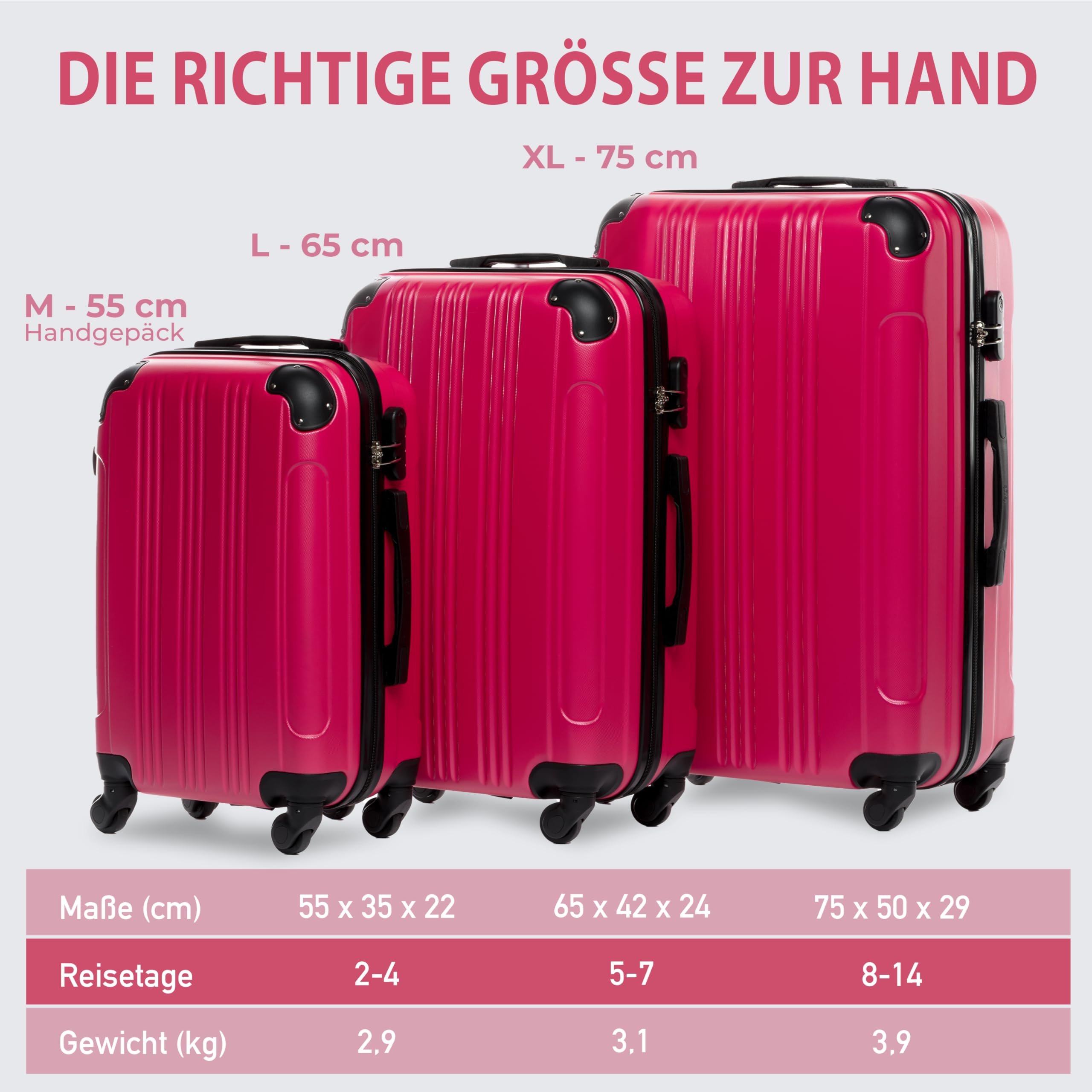 FERGÉ Kofferset 3 teilig Hartschale QUÉBEC Reisekoffer Trolley-Set (Handgepäck, L, XL) 3er Set Hartschalenkoffer Roll-Koffer 4 Rollen 100% ABS