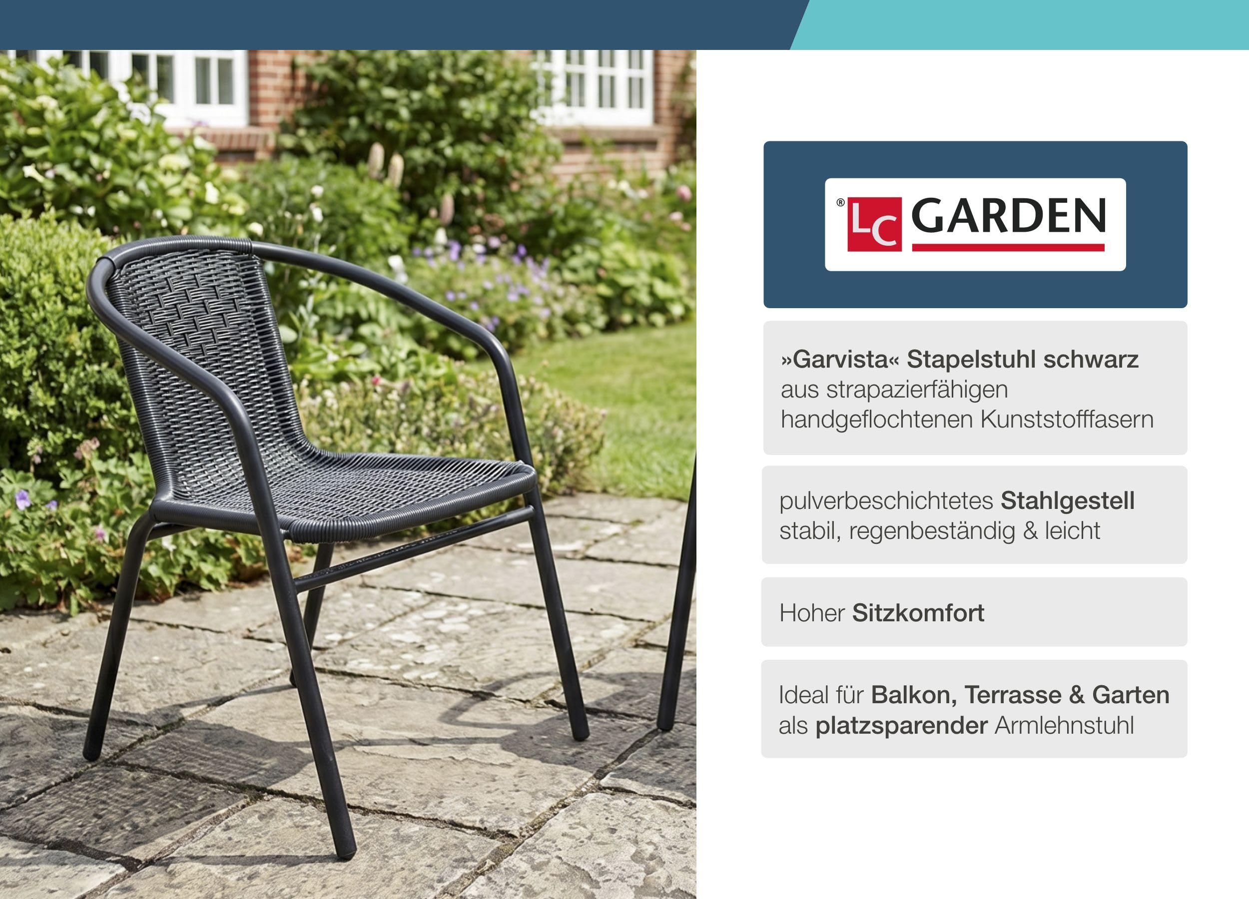 LC Garden Garvista 4er Stuhl Set Bistrostuhl Stapelstuhl, Gartenstuhl, Terassenstuhl, stapelbarer Armlehnstuhl mit Metallgestell in schwarz und Polyrattangeflecht