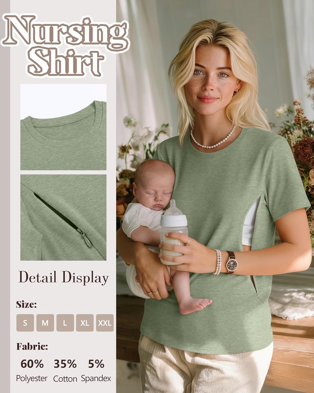 3 Pack Women's Maternity Nursing Shirt for Breastfeeding Hidden Zipper Short Sleeve Crew Neck Pregnancy Top - Image 3