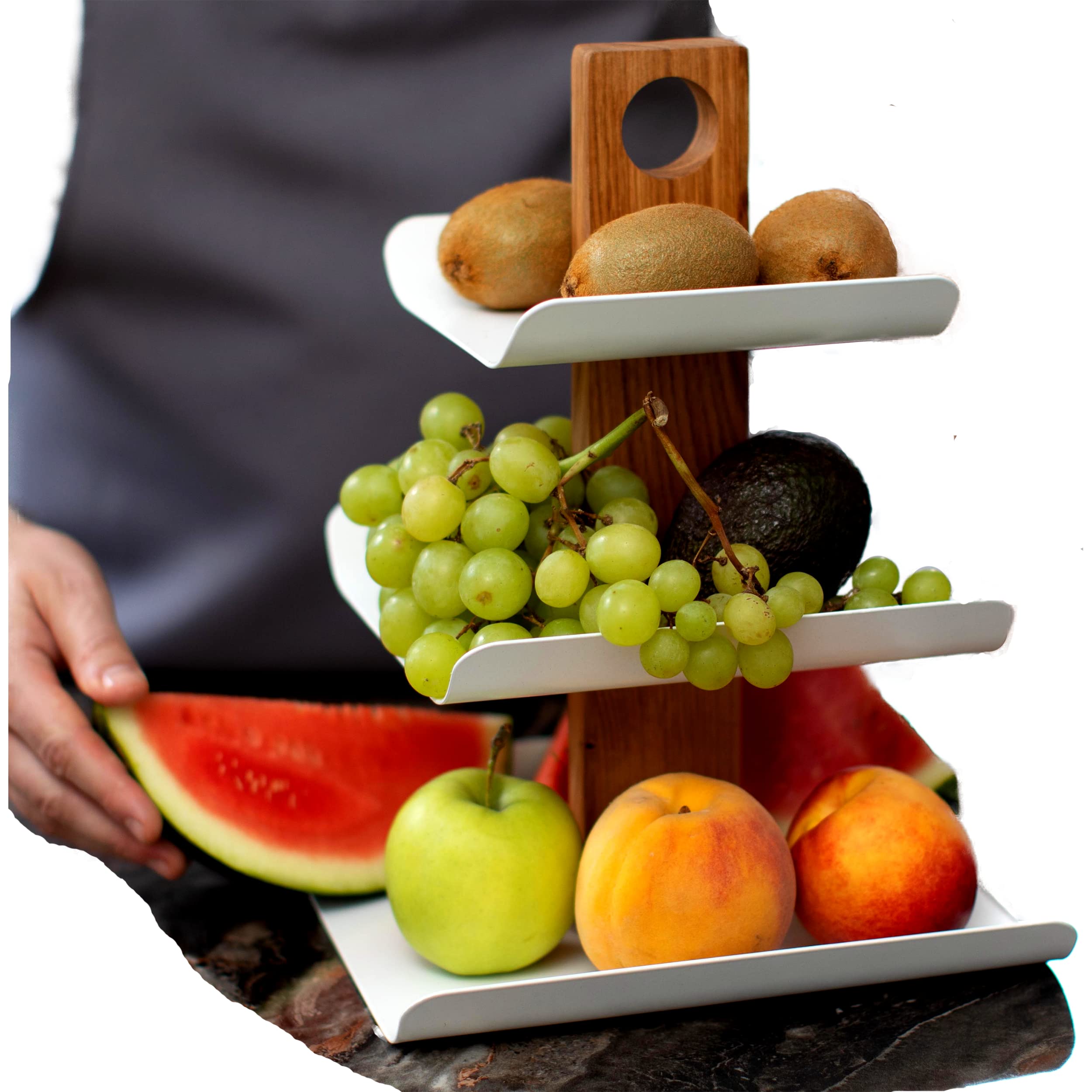 B4K 3-stöckige Etagere aus Holz und Metall, 33cm x 24cm | Obstschale und Servierplatte, Für Obst, Kuchen, Süßigkeiten, Für Brot und Snacks, Elegantes Design