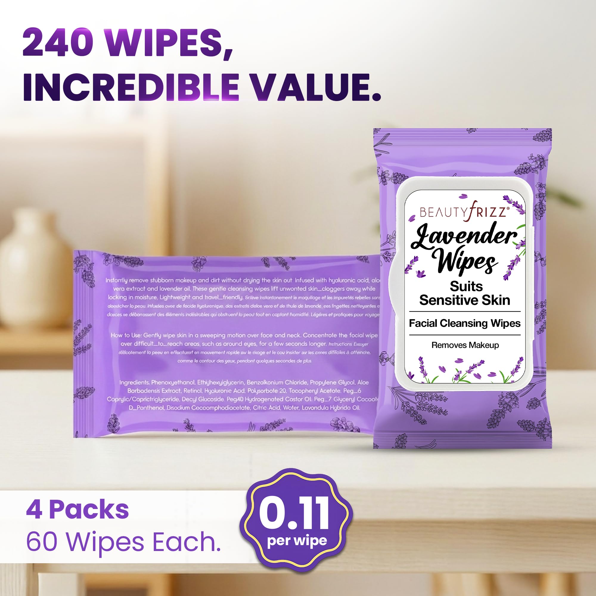 BeautyFrizz Toallitas faciales de lavanda, 240 unidades, toallitas desmaquillantes suaves para mujeres, toallita de limpieza facial con aloe, ricino, vitamina A y E, extrasuaves, hidratantes