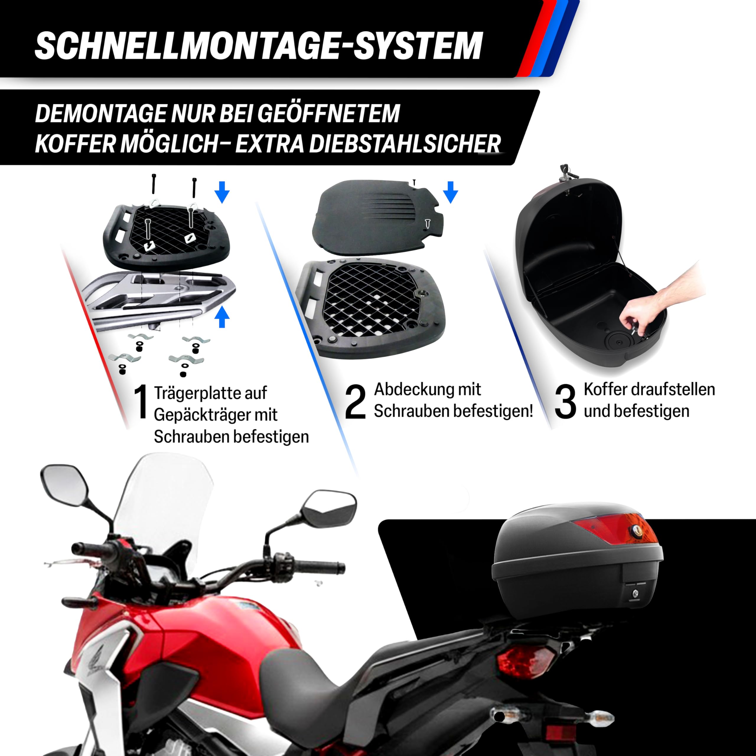 Götz Motorradkoffer 32 Liter, Top case universal, Helmkoffer für Roller, Motorrad, Mofa, Quad