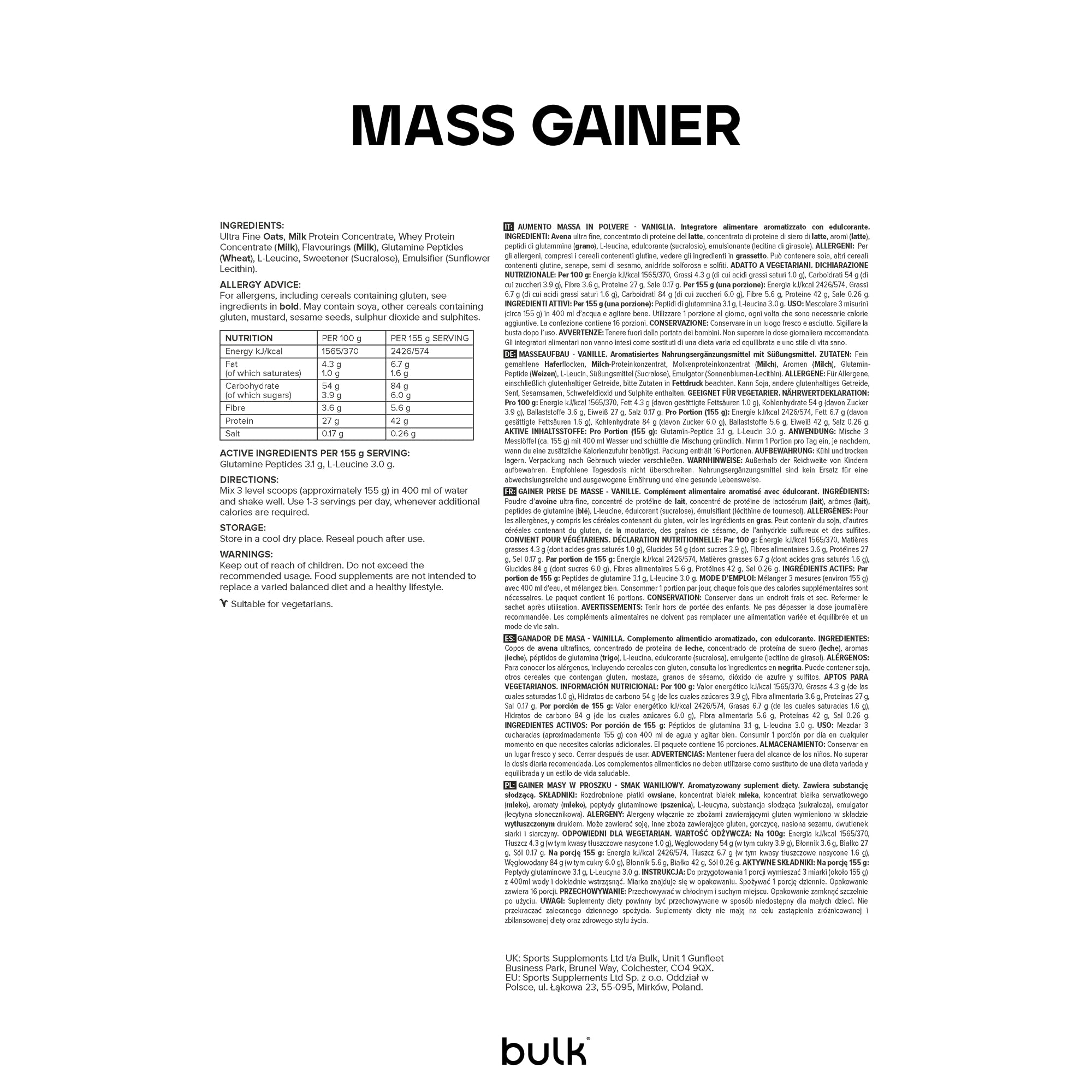 Bulk Mass Gainer Completo | Vaniglia | 16 porzioni | 42g proteine per porzione | 84g carboidrati | 500 kcal per porzione | Gainer ipercalorico | Supporta crescita e mantenimento muscolare