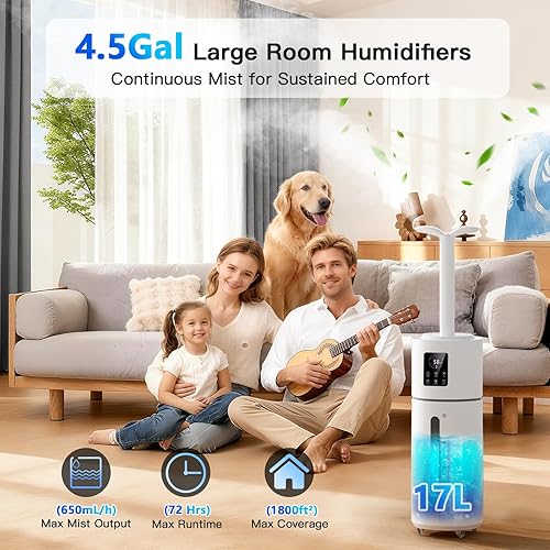 Miniatura 2 de Smart Humidifiers for Large Room Bedroom Home 1800 sq.ft, 17L4.5Gal Large Humidifier with Extension Tube & 3 Mist Modes, Top Fill Whole House Cool