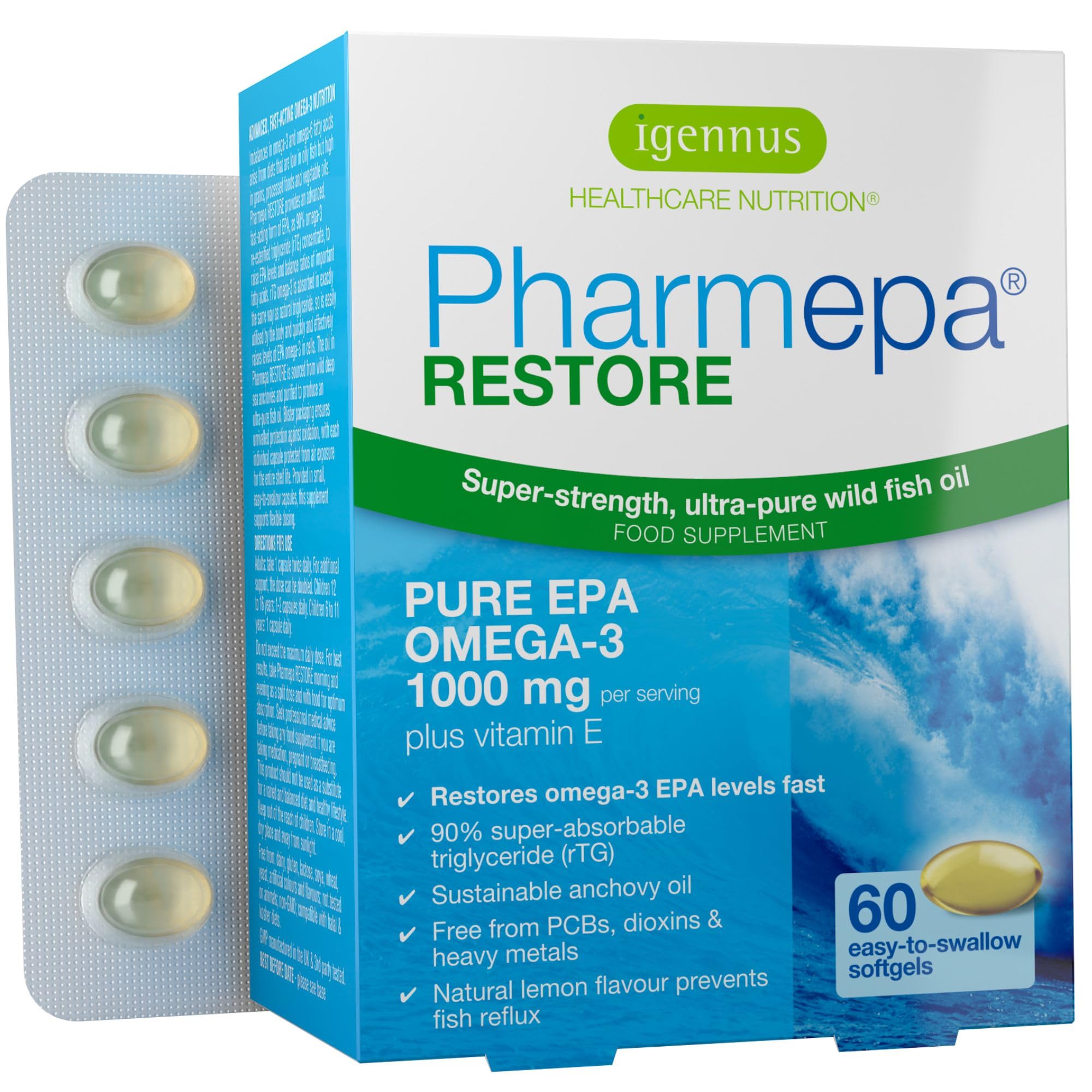 Igennus Pharmepa Restore, Pure EPA 1000mg, IFOS Certified, Omega-3 Triglyceride Form Fish Oil, Highly Absorbable rTG Form, 90% Concentration, Wild & Sustainable, Lemon Flavour, 60 Softgels