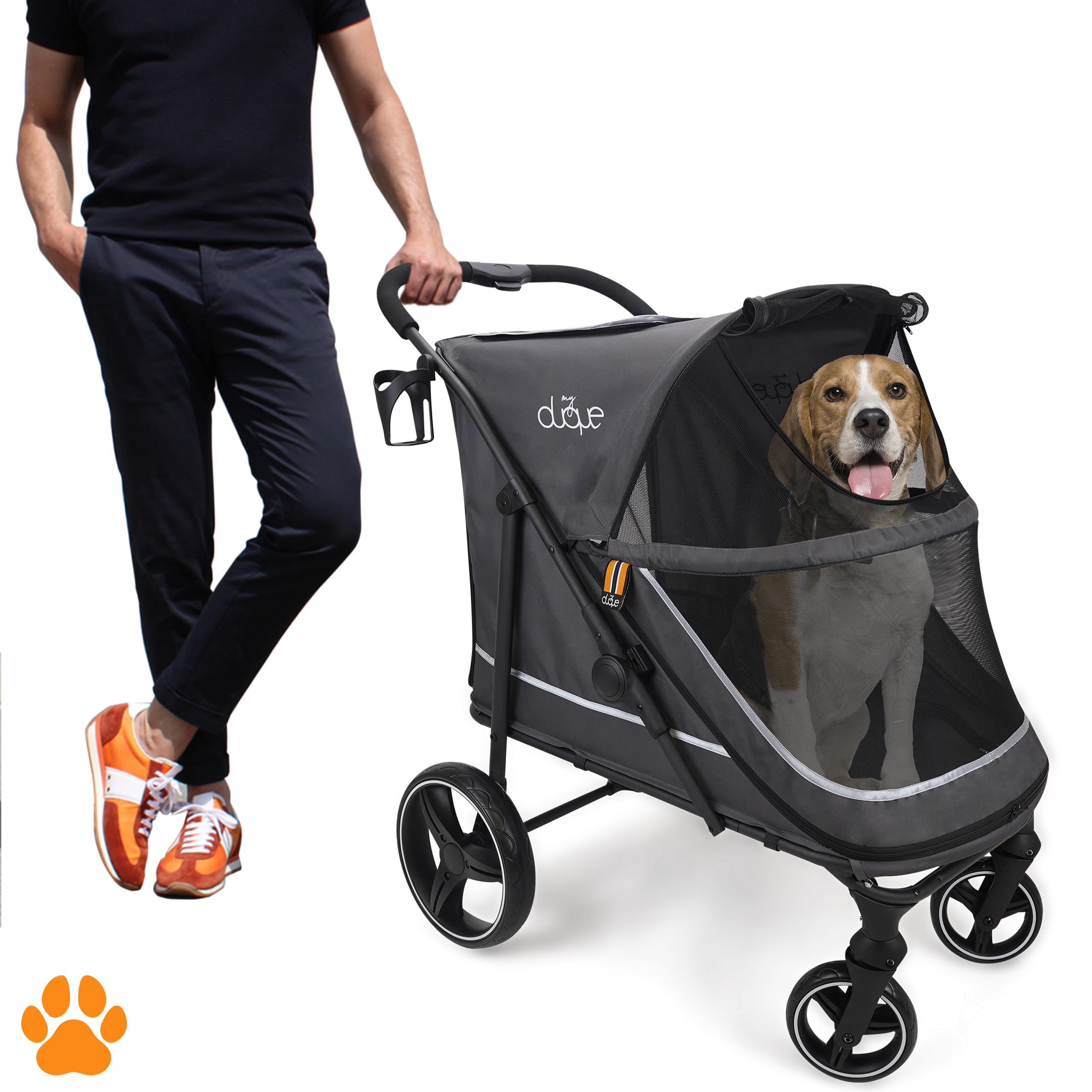 Hundebuggy Hundewagen CHAMP – XL Buggy große Hunde, geräumig, Tierwagen, Haustierwagen, Katze, Hund, Zusammenfalten, inkl. Regencover, Getränkehalter, Stauraum, max. Last 50kg/110lb, Grau