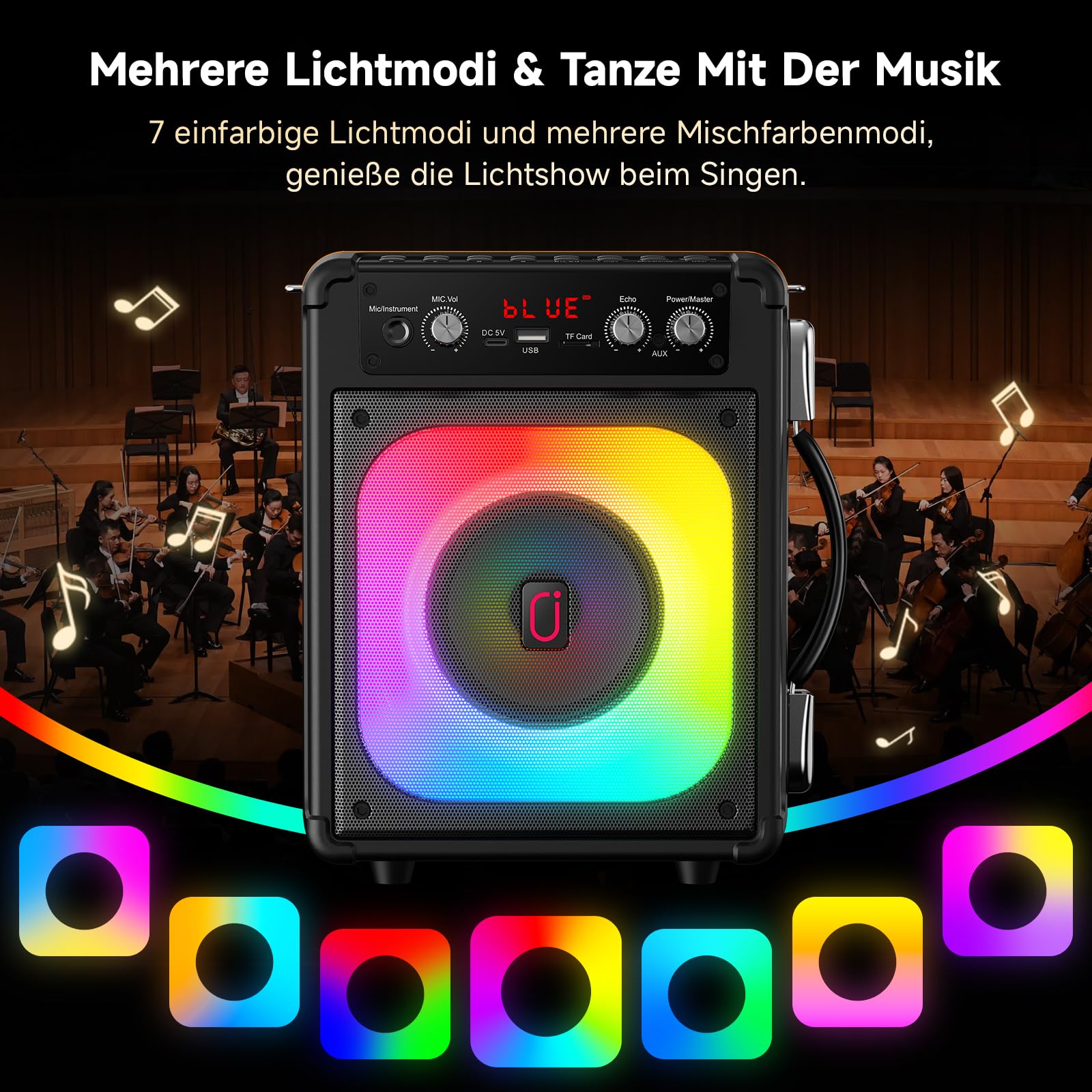 HWWR Karaoke Maschine mit 2 Kabellosen Mikrofonen, Tragbarer Bluetooth Lautsprecher mit LED-Licht & Schultergurt, TWS Partybox für Erwachsene & Kinder, PA System für Zuhause & Outdoor