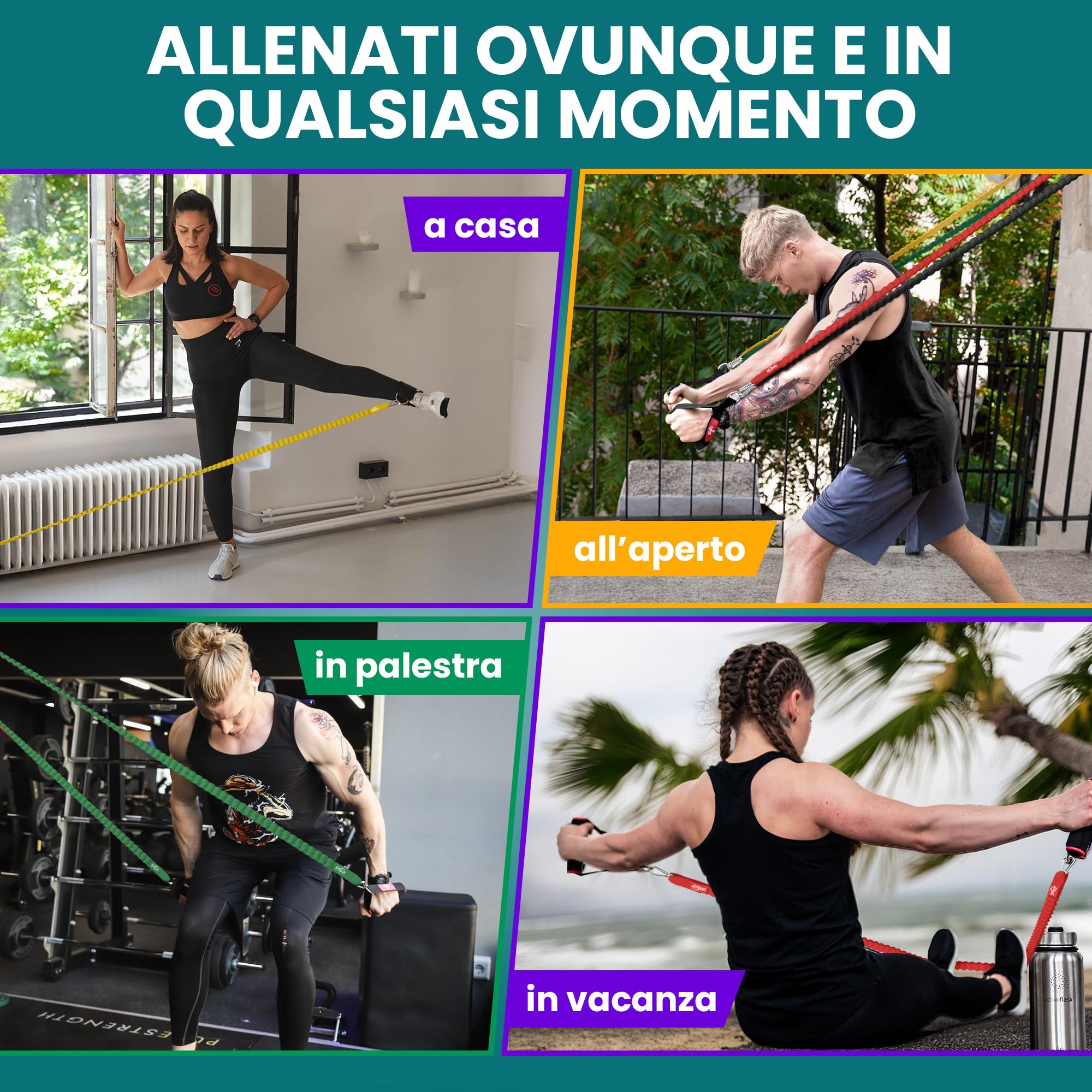 Set di fasce di resistenza + piano allenamenti - Kit elastici: 5 bande elastiche lattice, maniglie, cinghie per caviglie + ancoraggio, gancio da porta | Tubi fitness palestra sport stretching