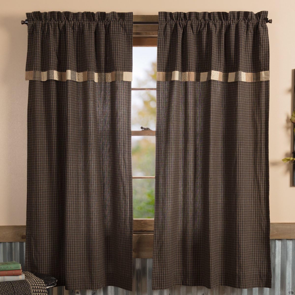 VHC Brands, Kettle Grove, Cotton, 63x36, Short Panel with Attached Valance, Block Border, Set of 2, Tan