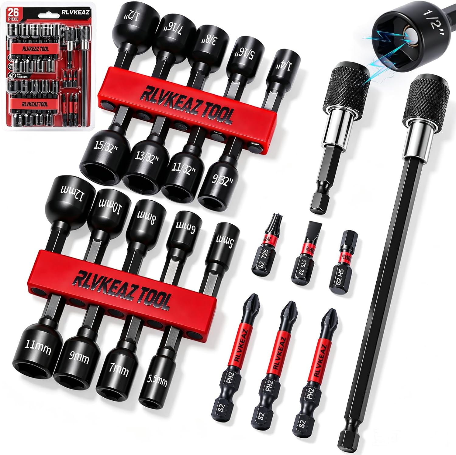 26PC Magnetic Impact Nut Driver Set, Drill Socket Set, Metric & SAE