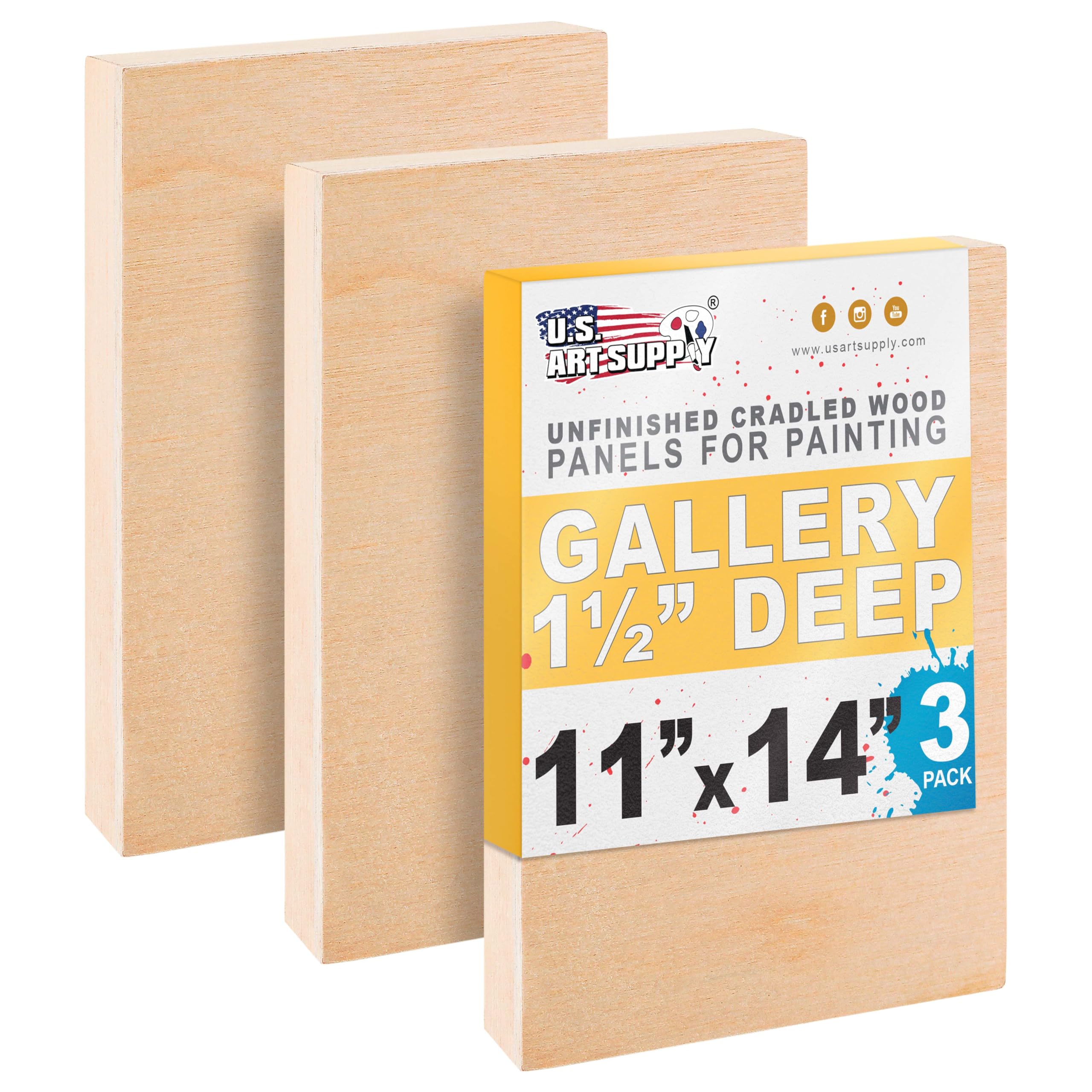 U.S. Art Supply 11" x 14" Unfinished Cradled Wood Panels for Painting, Gallery 1-1/2" Deep (3 Pack) - Artist Depth Wooden Wall Canvases - Mixed-Media Craft, Acrylic, Oil, Encaustic, Paint Pouring